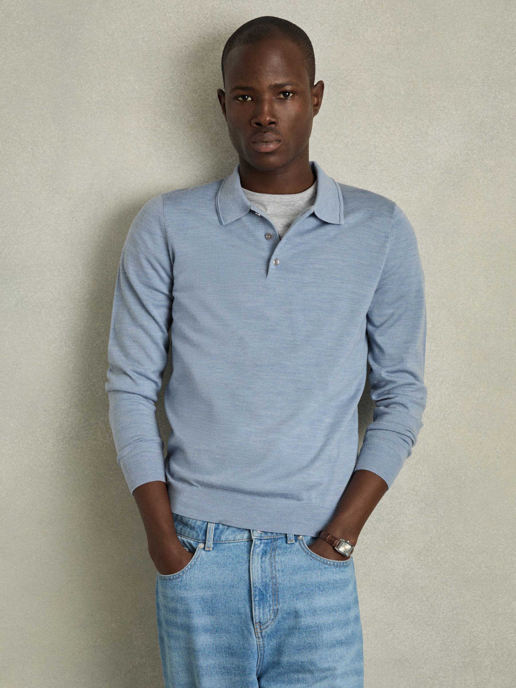 Merino Wool Long Sleeve Polo Shirt in Soft Blue Melange - Image 1 of 7