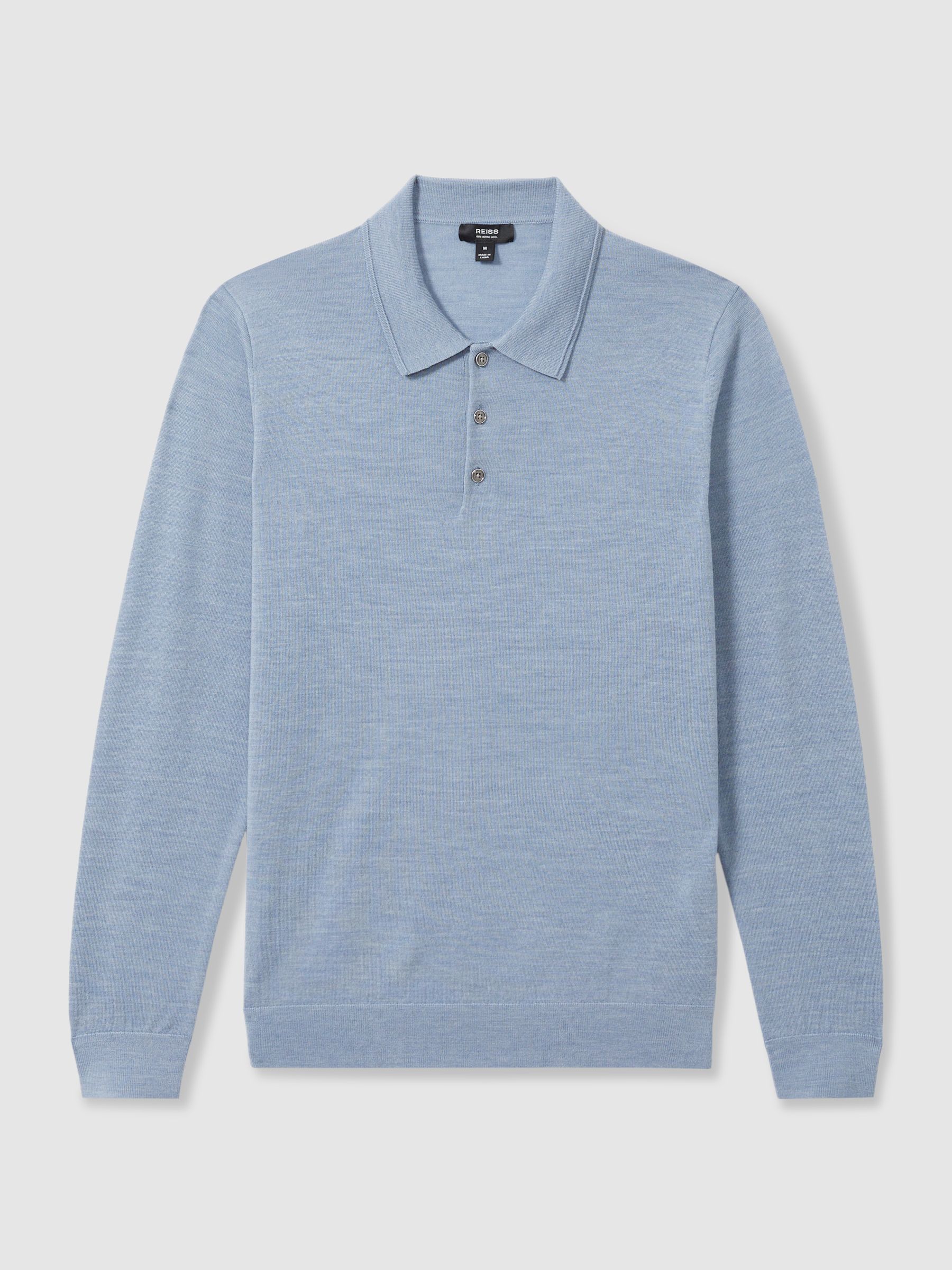 Merino Wool Long Sleeve Polo Shirt in Soft Blue Melange - Image 2 of 7