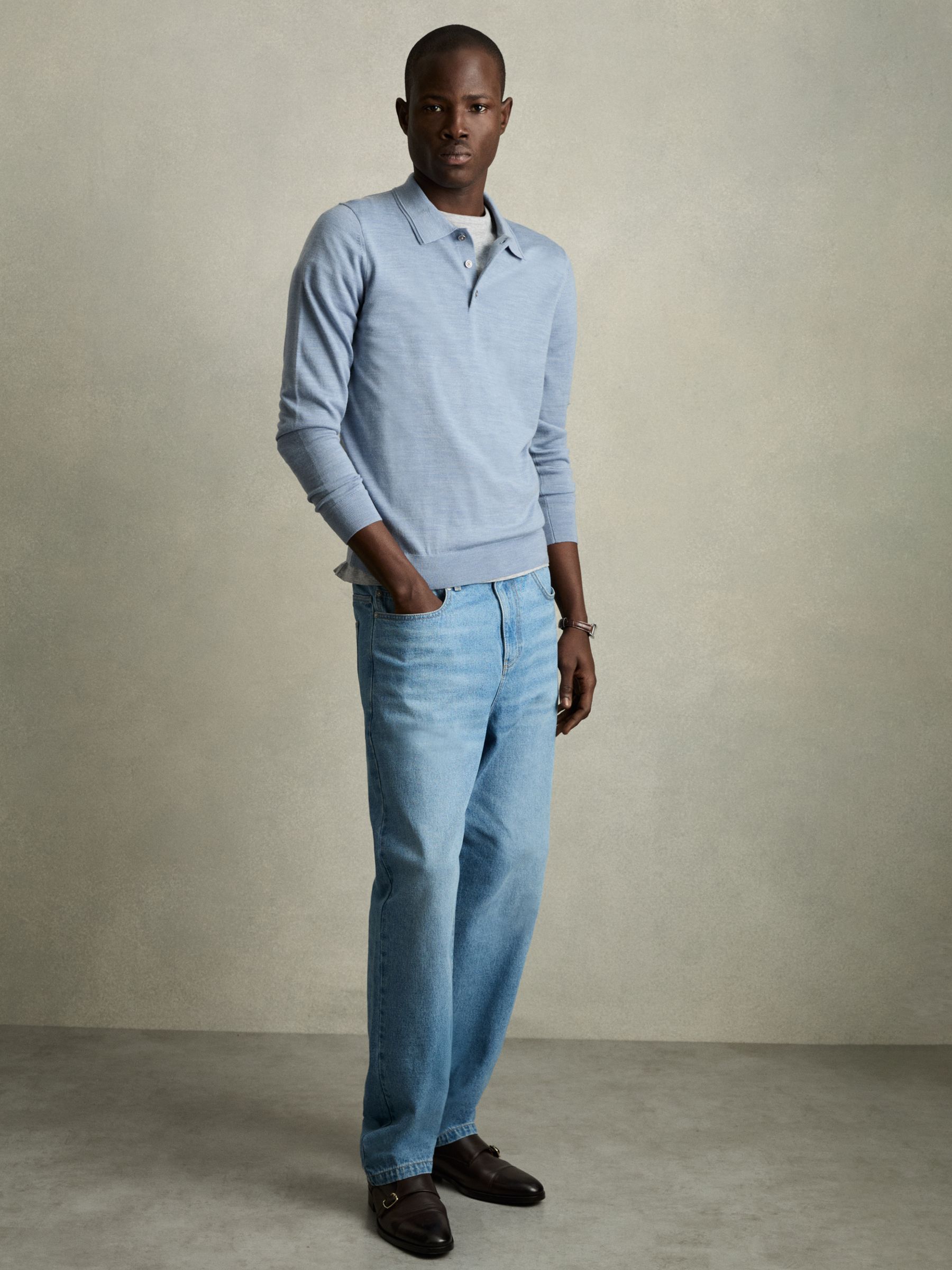Merino Wool Long Sleeve Polo Shirt in Soft Blue Melange - Image 3 of 7
