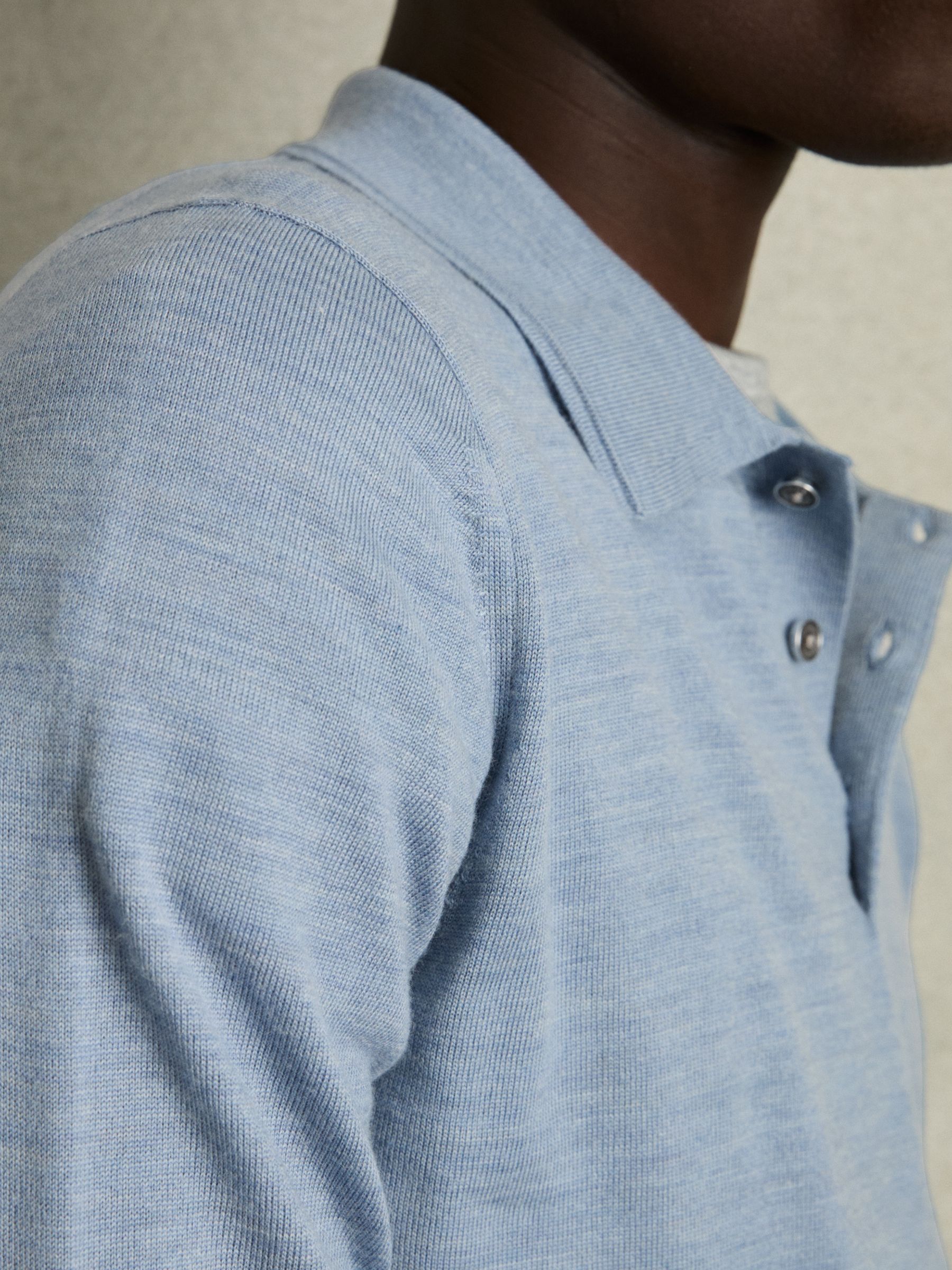 Merino Wool Long Sleeve Polo Shirt in Soft Blue Melange - Image 4 of 7
