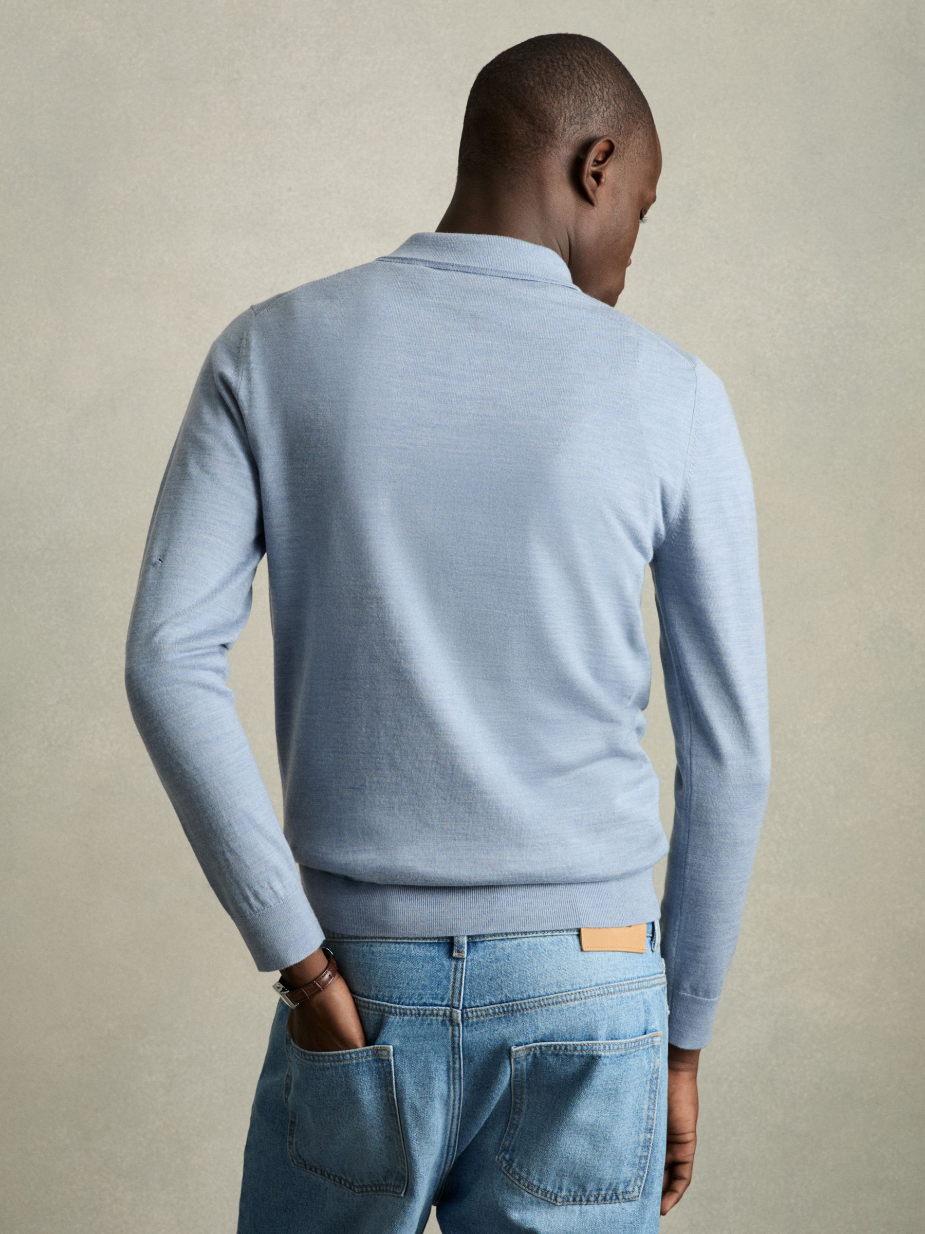 Merino Wool Long Sleeve Polo Shirt in Soft Blue Melange - Image 5 of 7