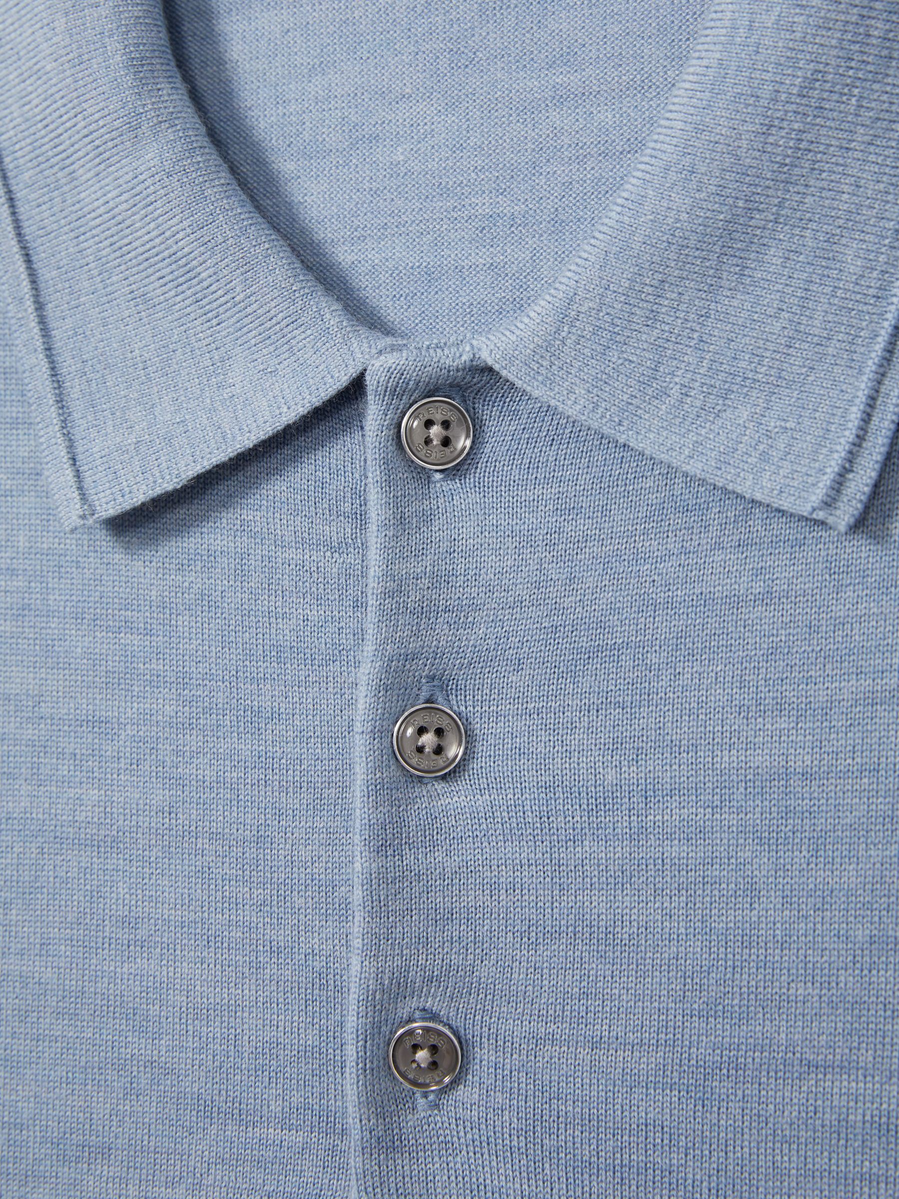 Merino Wool Long Sleeve Polo Shirt in Soft Blue Melange - Image 7 of 7