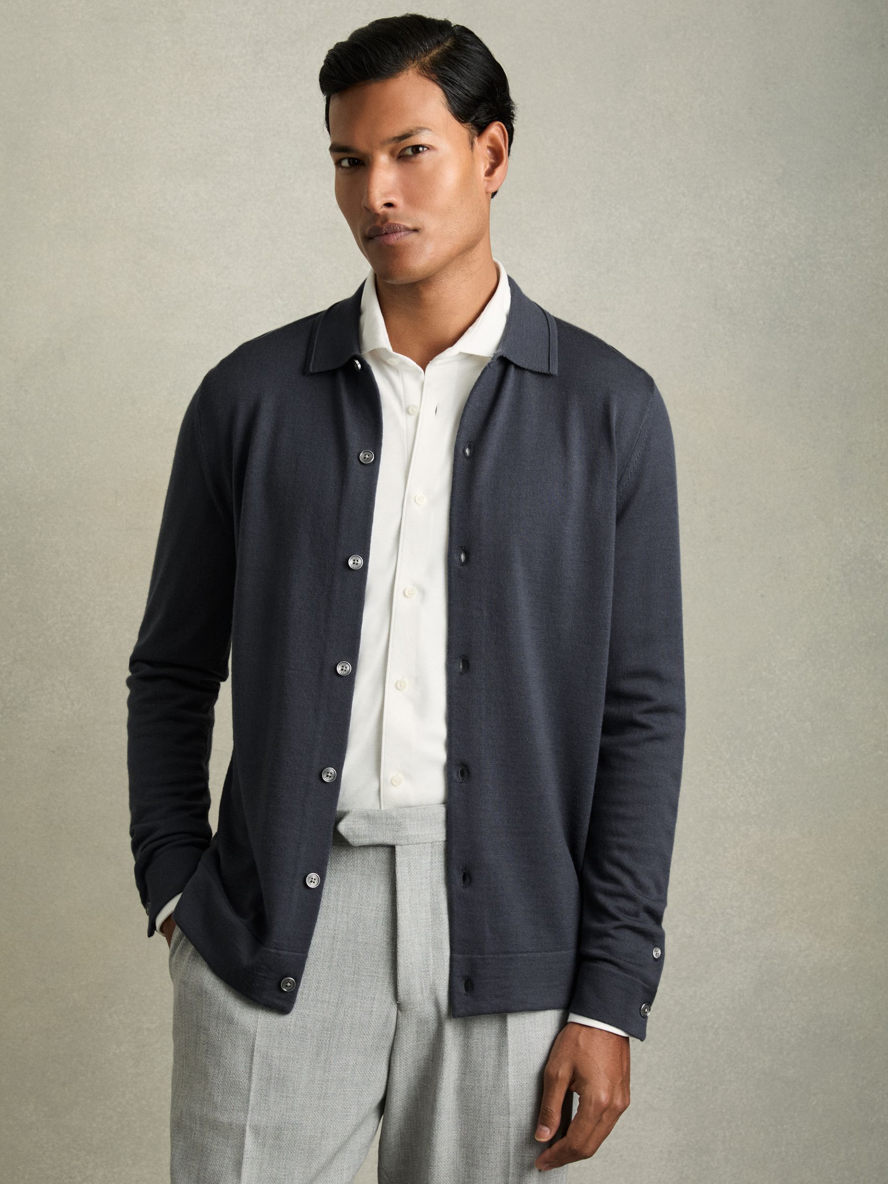 Merino Wool Button-Through Cardigan in Blackened Blue - Image 1 of 6