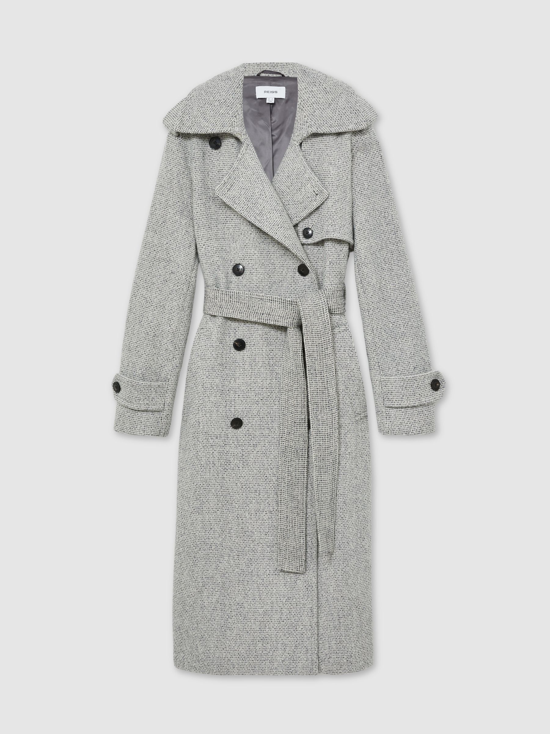 Petite Wool-Blend Double-Breasted Check Trench Coat in Black/White - Image 2 of 8