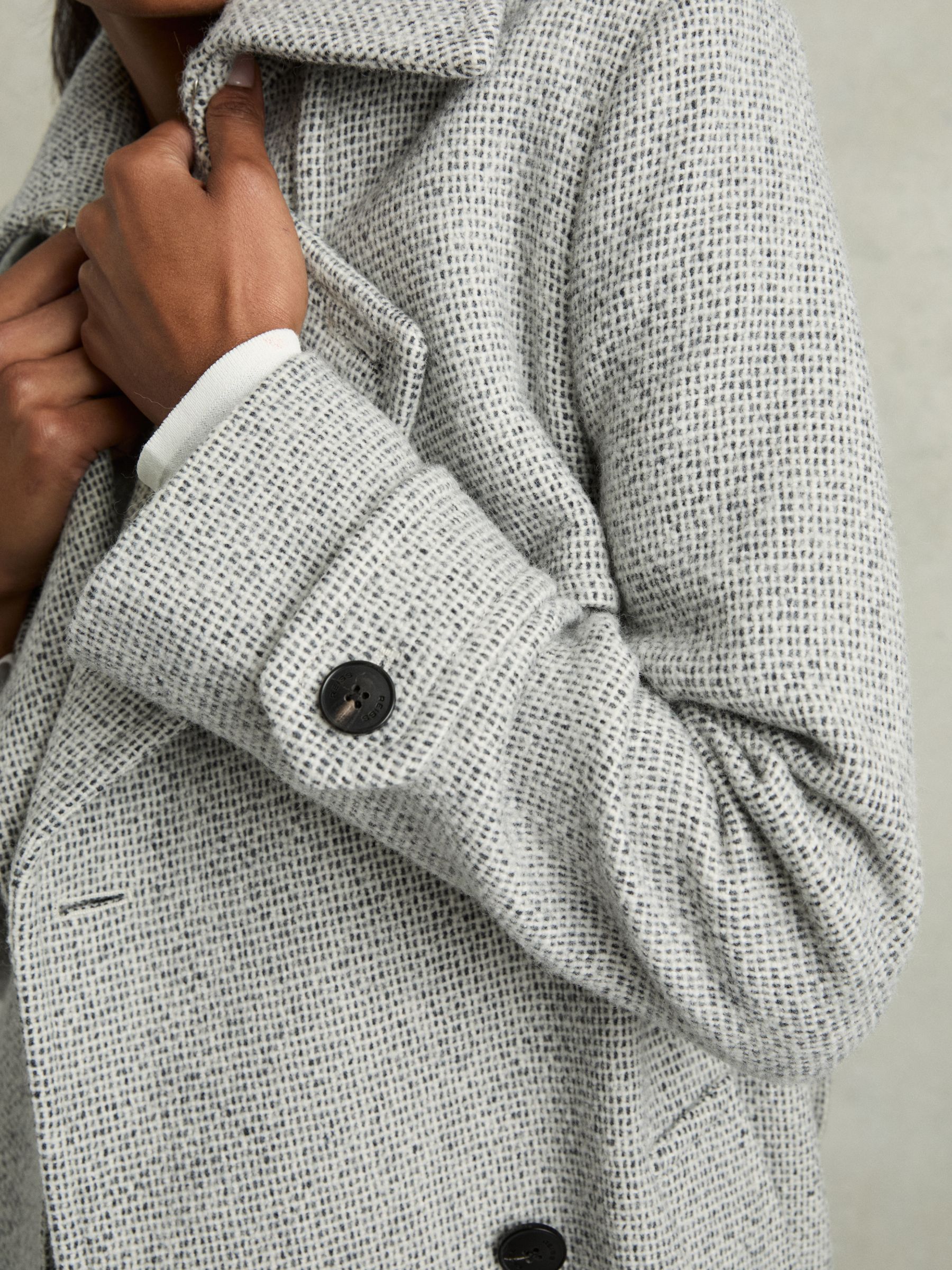 Petite Wool-Blend Double-Breasted Check Trench Coat in Black/White - Image 4 of 8