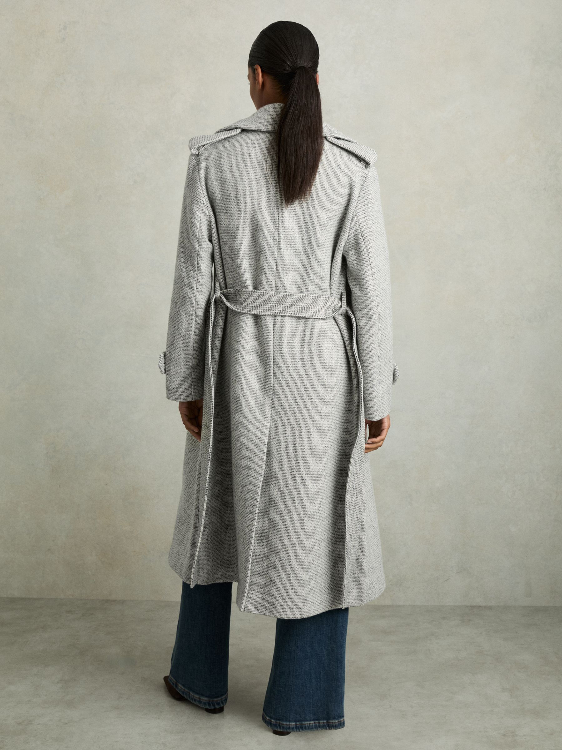 Petite Wool-Blend Double-Breasted Check Trench Coat in Black/White - Image 5 of 8