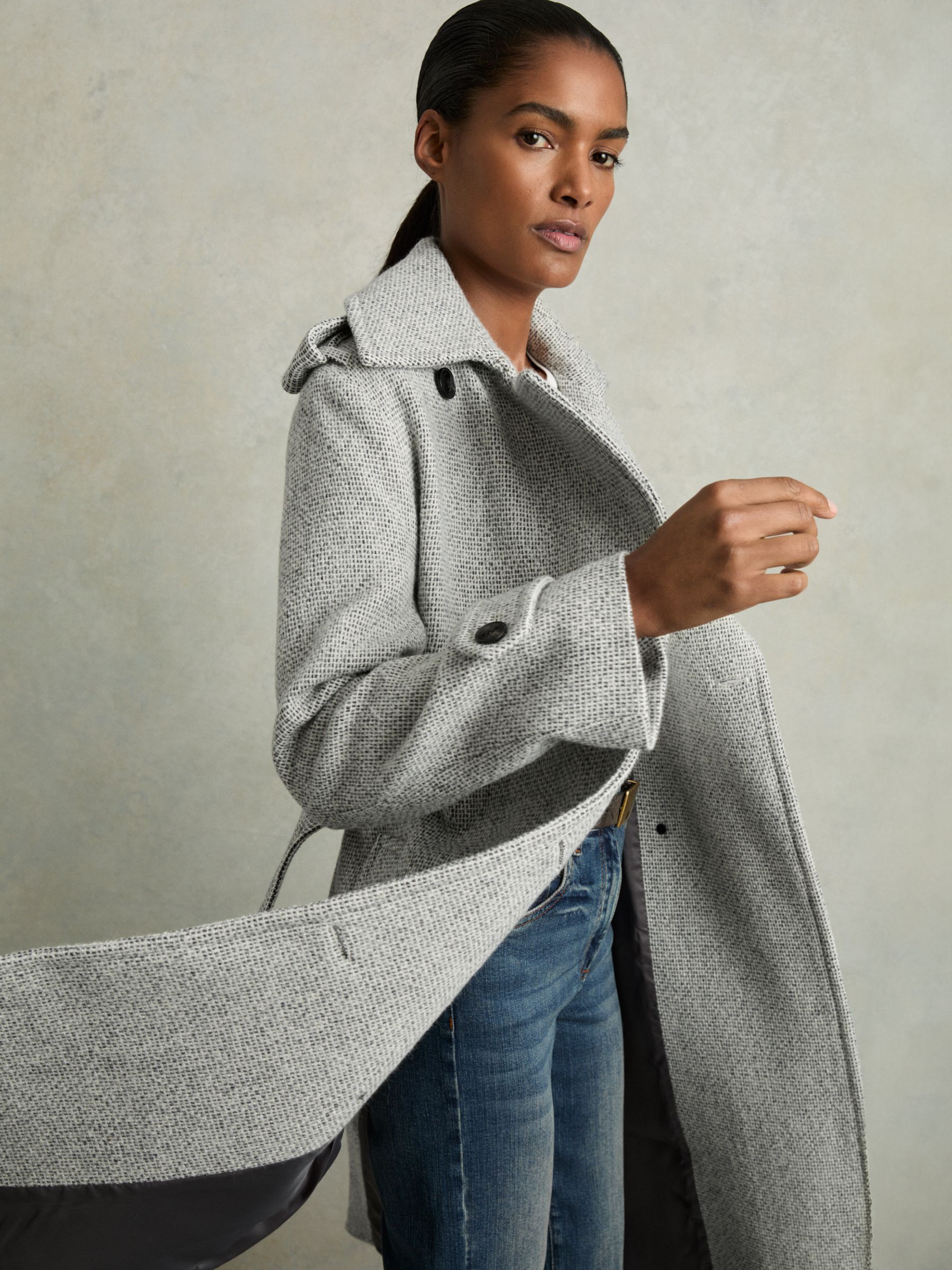 Petite Wool-Blend Double-Breasted Check Trench Coat in Black/White - Image 6 of 8