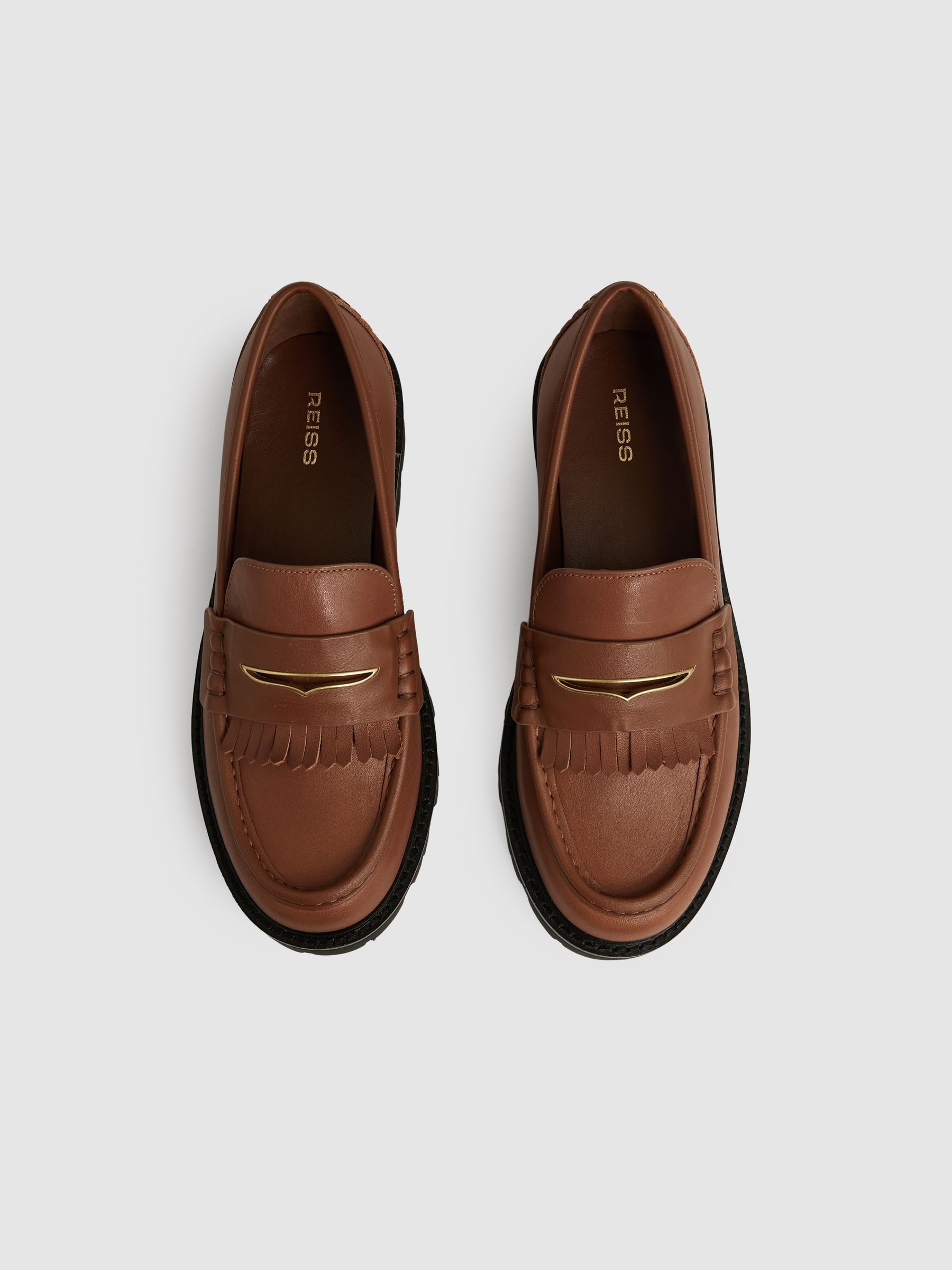 Leather Fringed Chunky Penny Loafers in Tan - Image 3 of 5