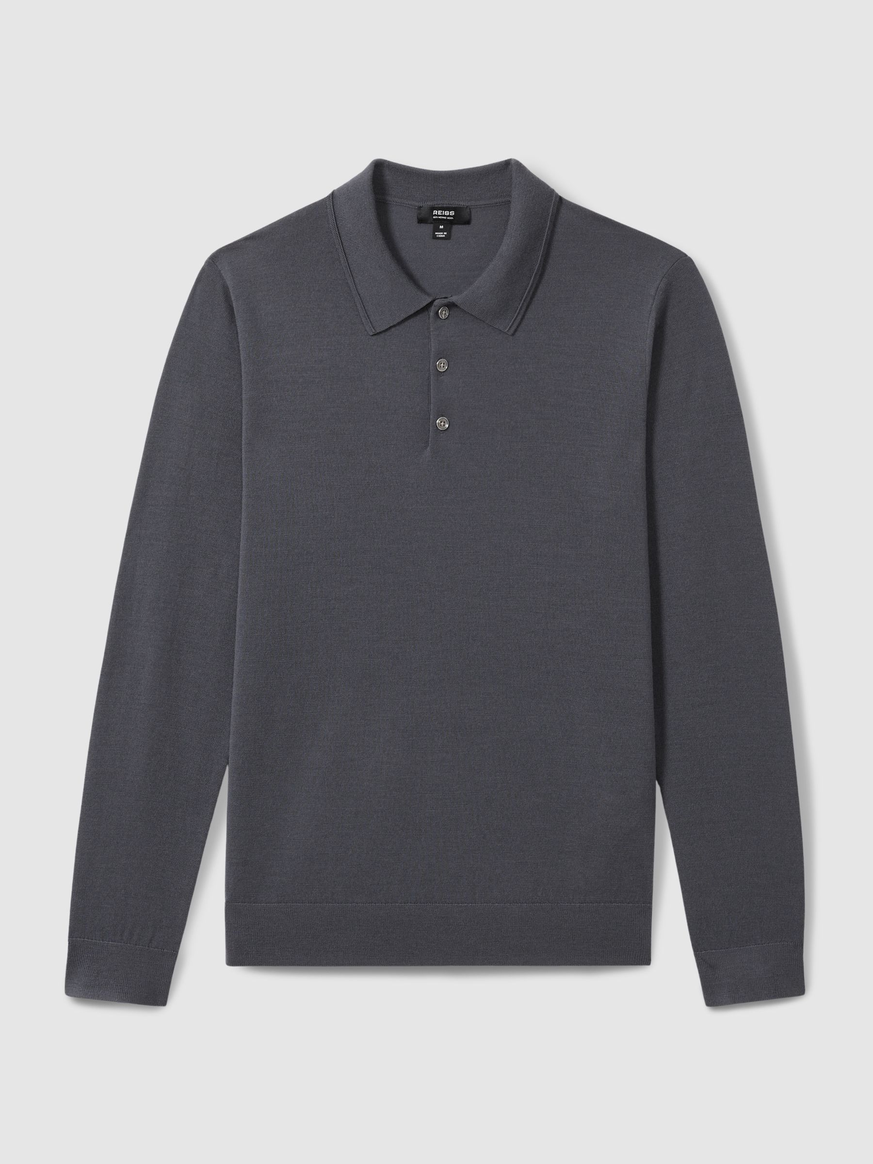 Merino Wool Long-Sleeve Polo Shirt in Blackend Blue - Image 2 of 6