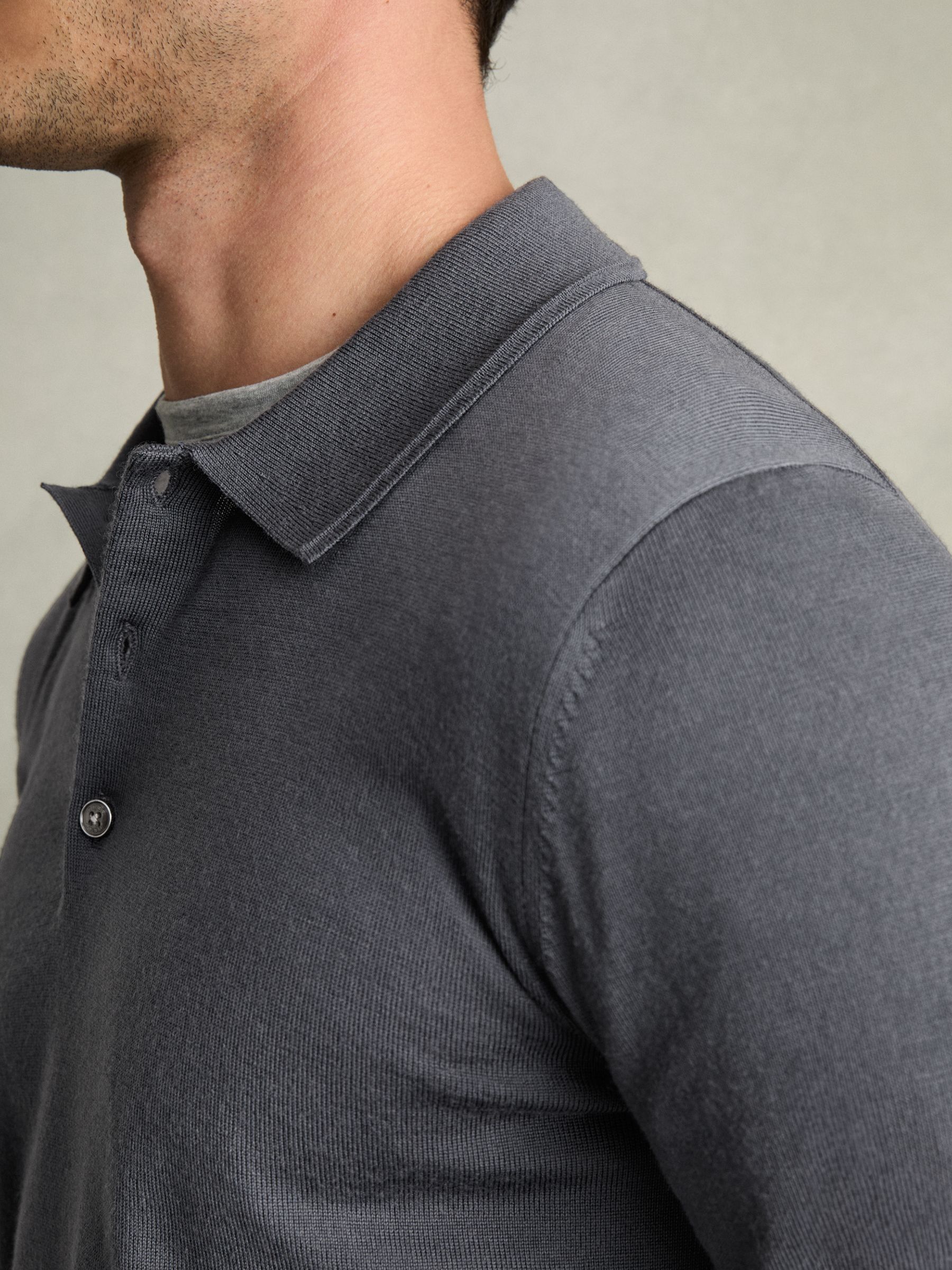Merino Wool Long-Sleeve Polo Shirt in Blackend Blue - Image 3 of 6