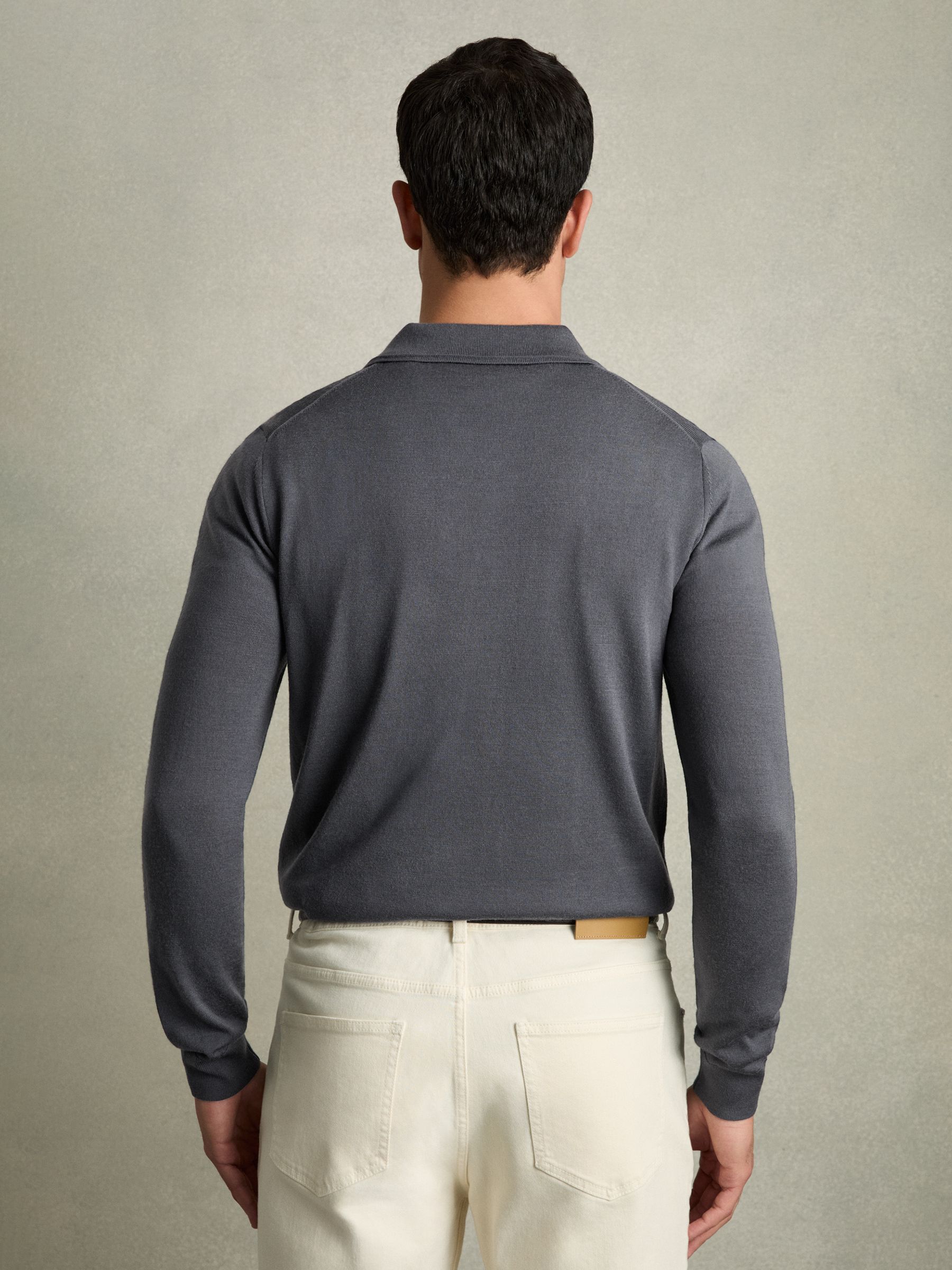 Merino Wool Long-Sleeve Polo Shirt in Blackend Blue - Image 4 of 6