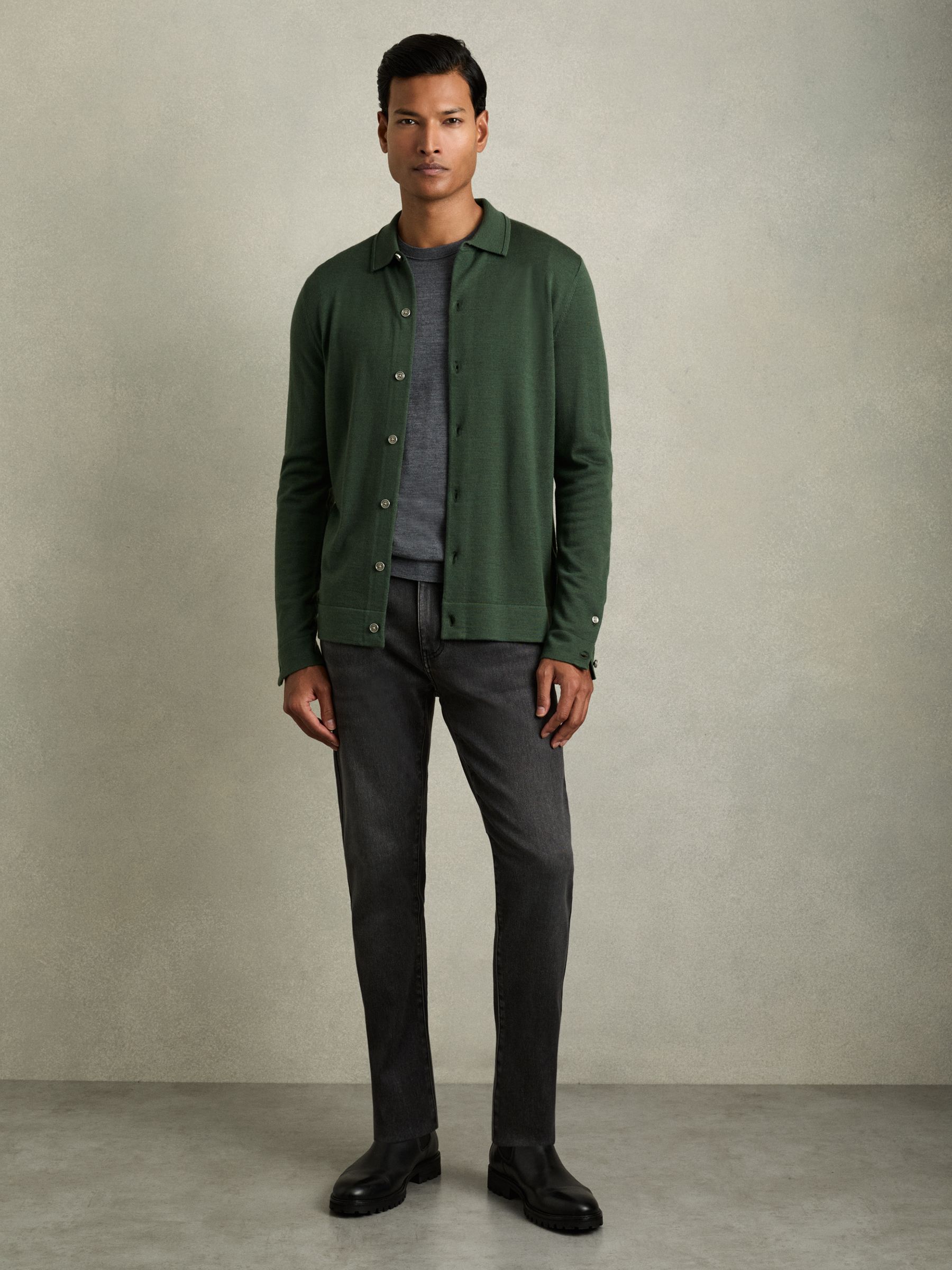 Merino Wool Button-Through Cardigan in Dark Kale Green - Image 1 of 4