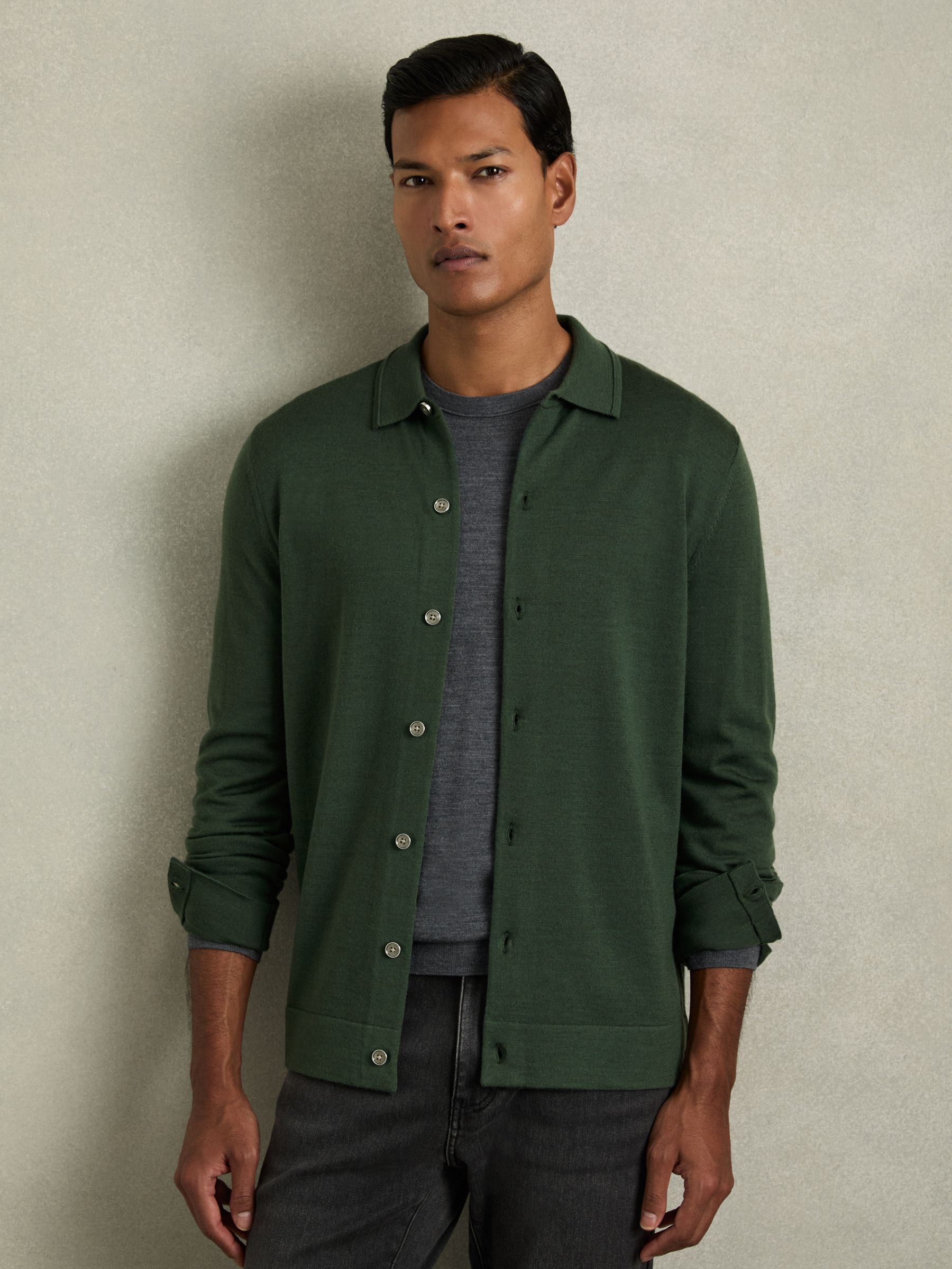 Merino Wool Button-Through Cardigan in Dark Kale Green - Image 3 of 4