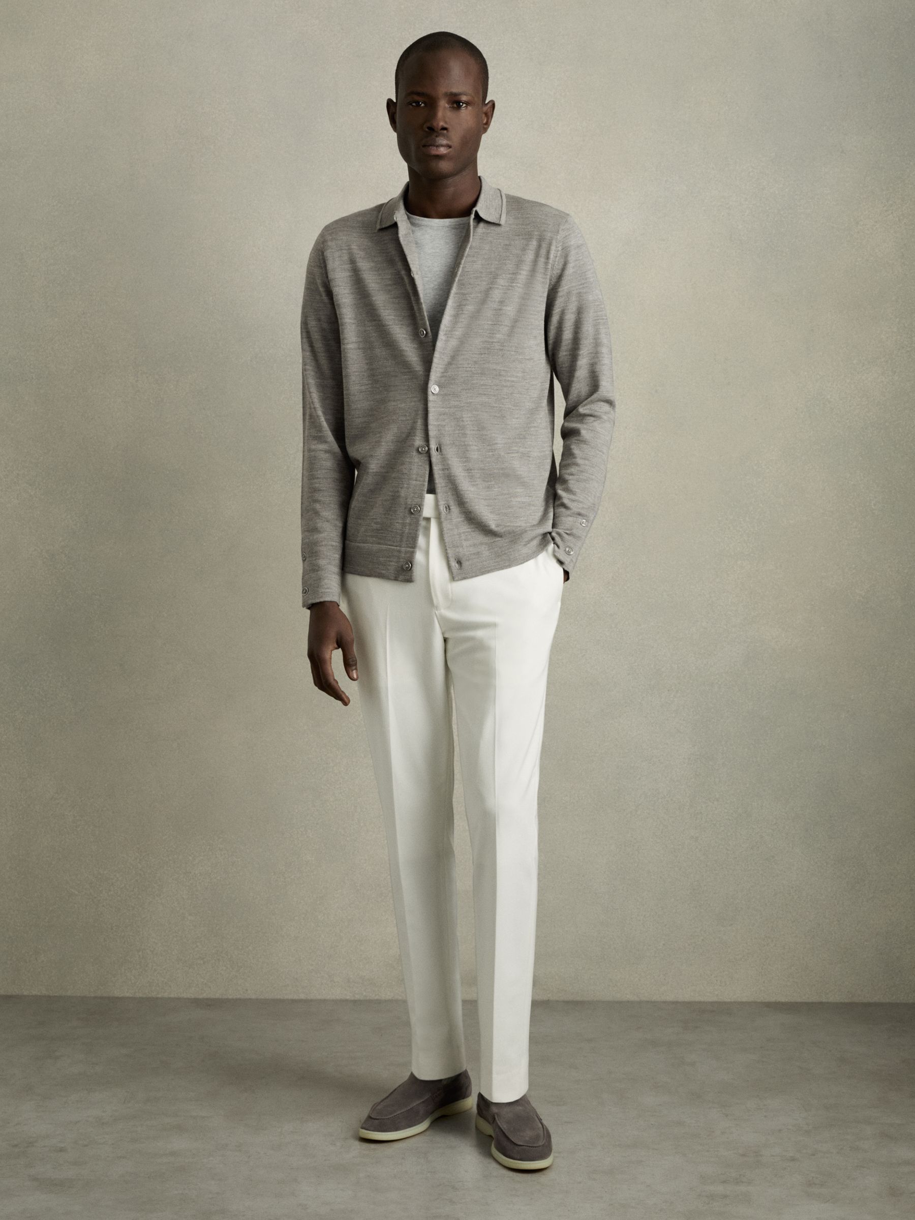 Merino Wool Button-Through Cardigan in Warm Grey Melange - Image 3 of 7