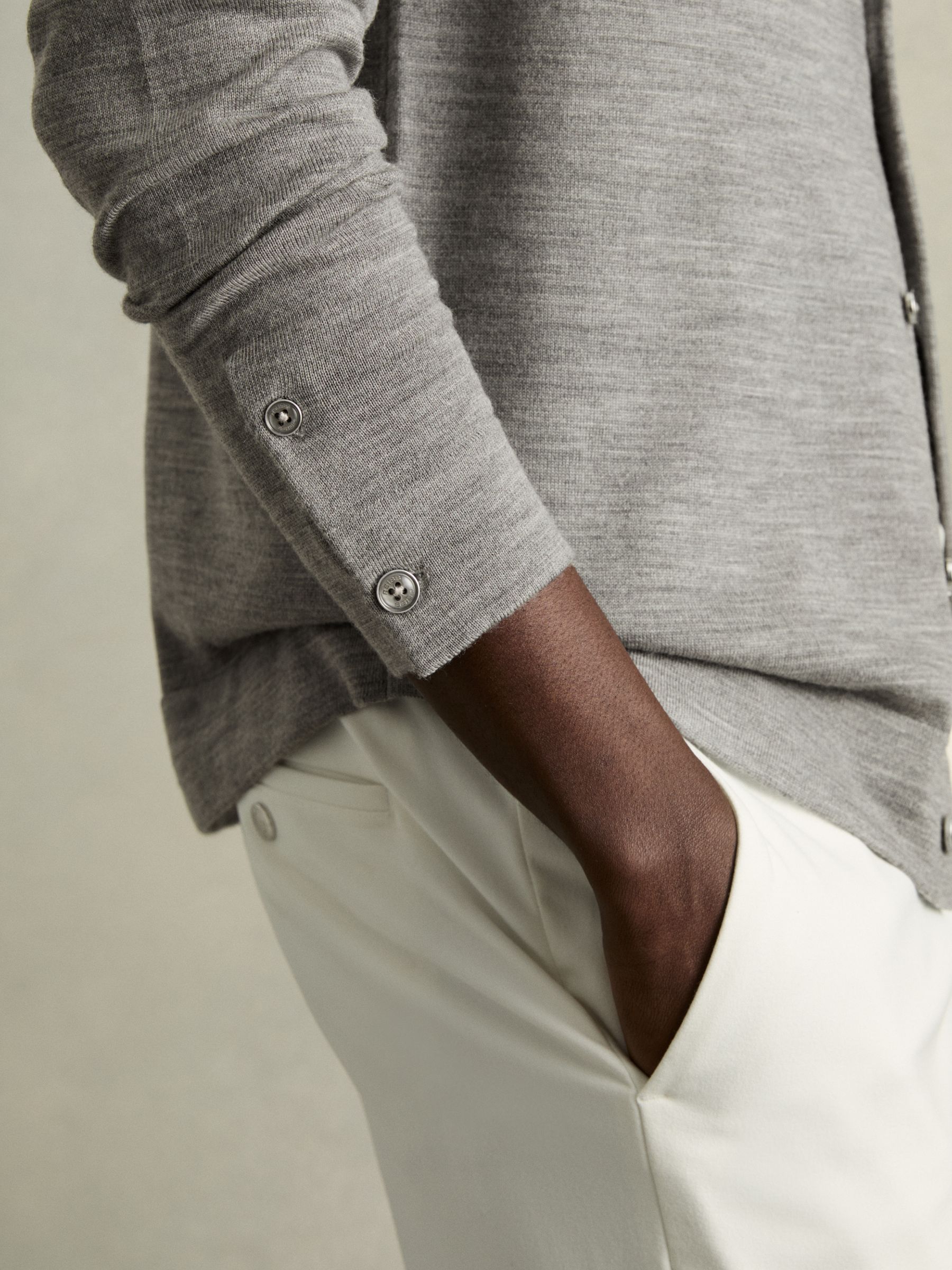 Merino Wool Button-Through Cardigan in Warm Grey Melange - Image 4 of 7