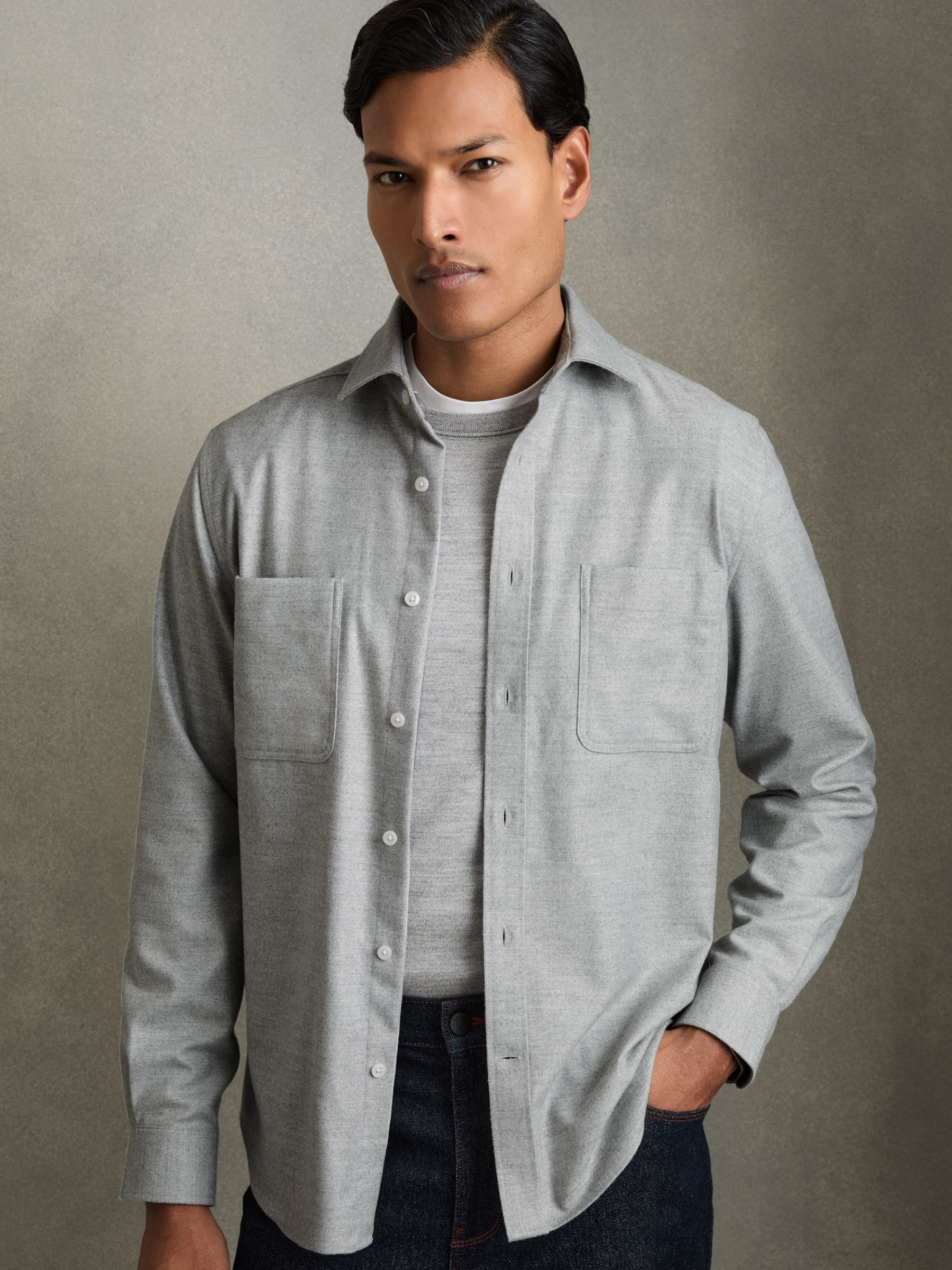 Twin-Pocket Button-Through Overshirt in Soft Grey Melange - Image 1 of 7