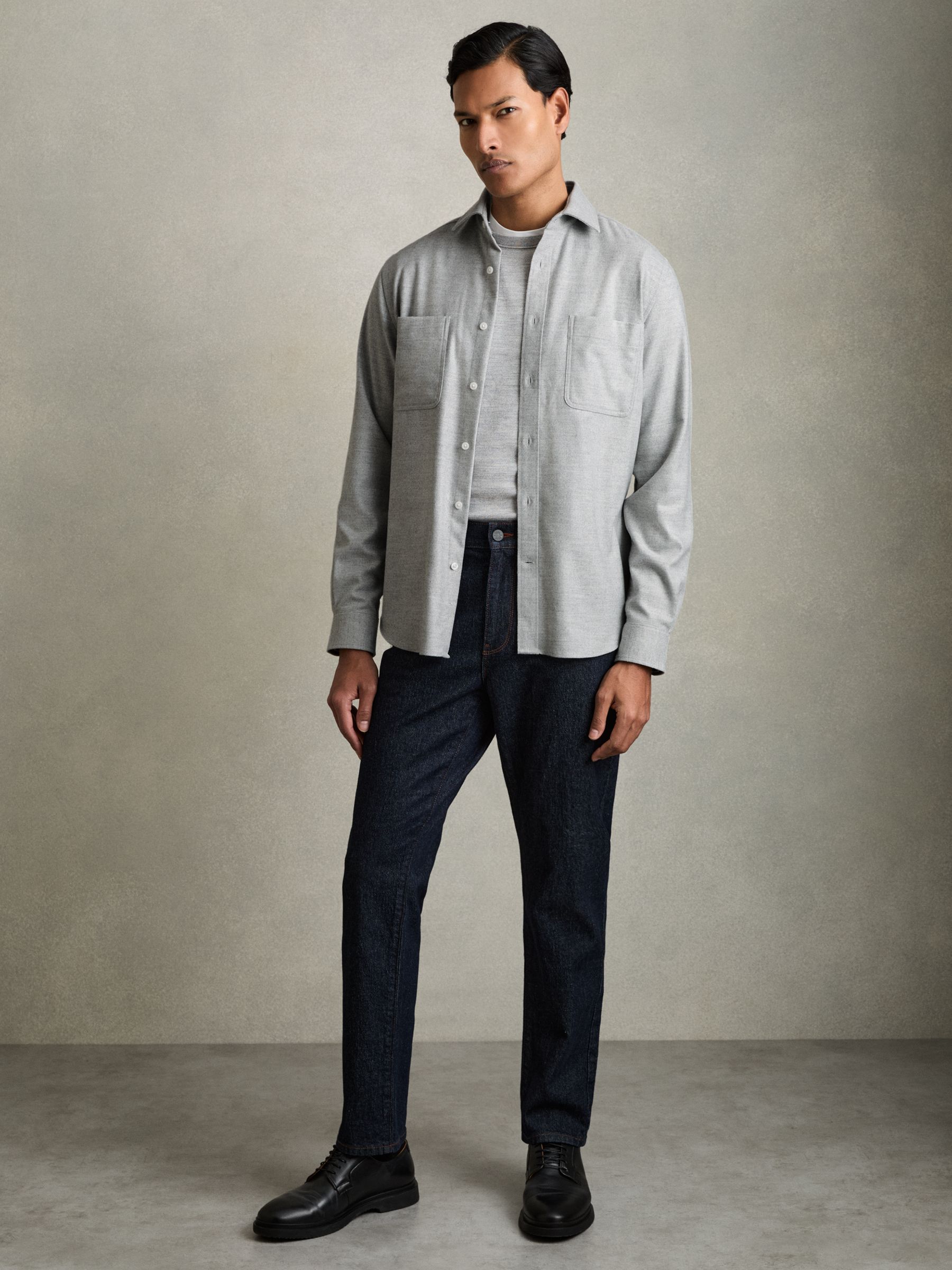 Twin-Pocket Button-Through Overshirt in Soft Grey Melange - Image 3 of 7