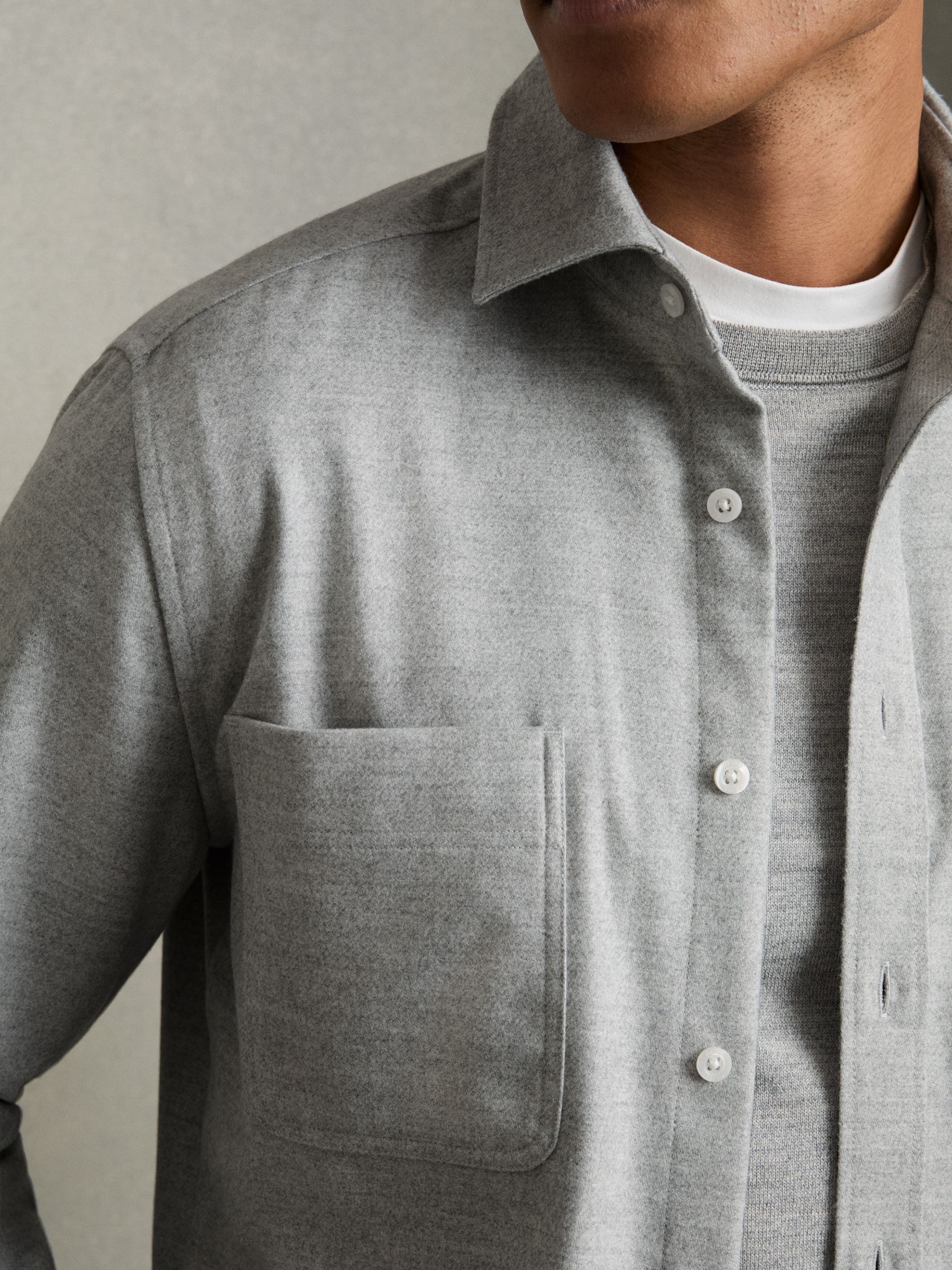 Twin-Pocket Button-Through Overshirt in Soft Grey Melange - Image 4 of 7