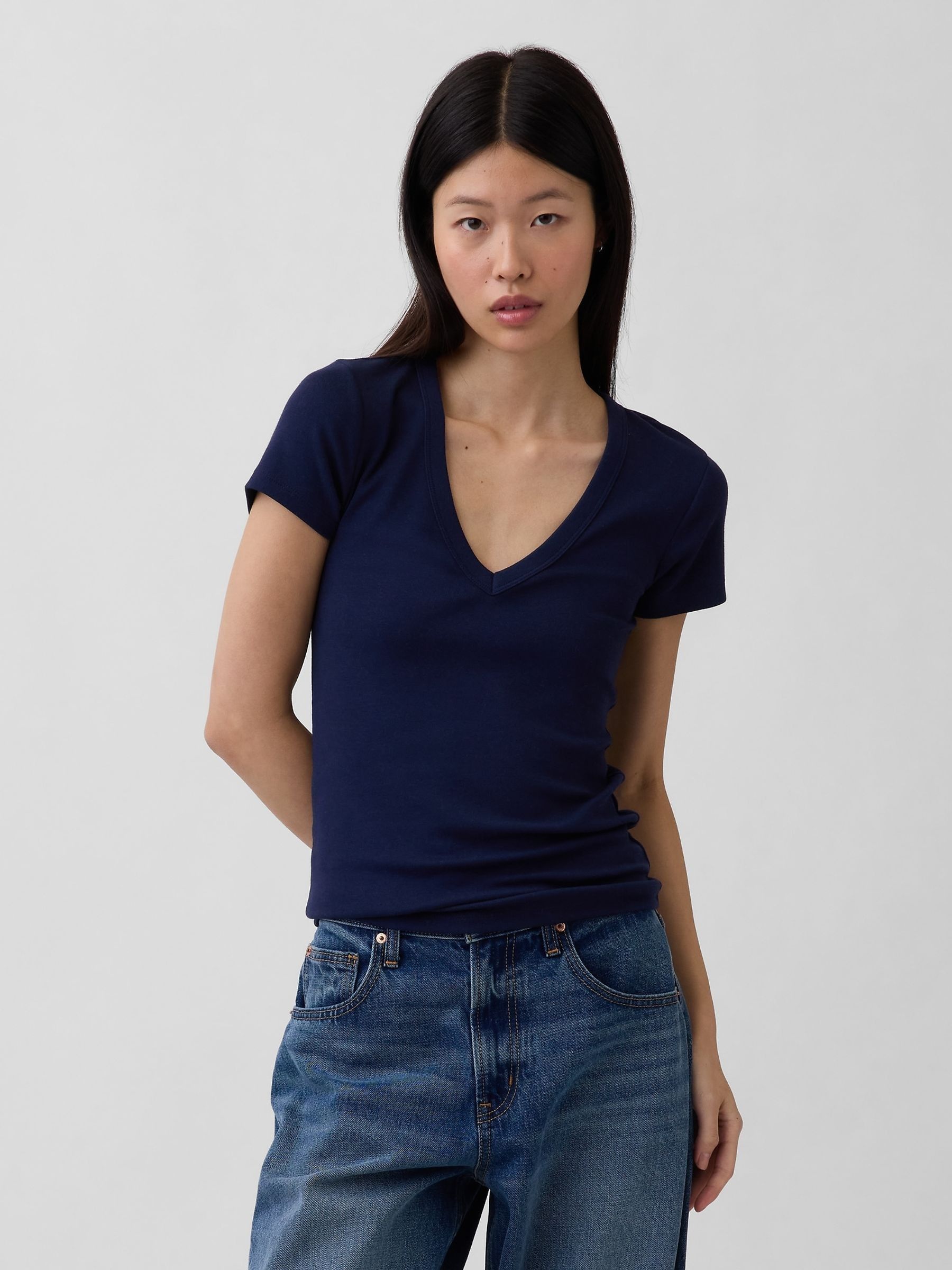 Blue Modern V-Neck Short T-Shirt - Image 1 of 4