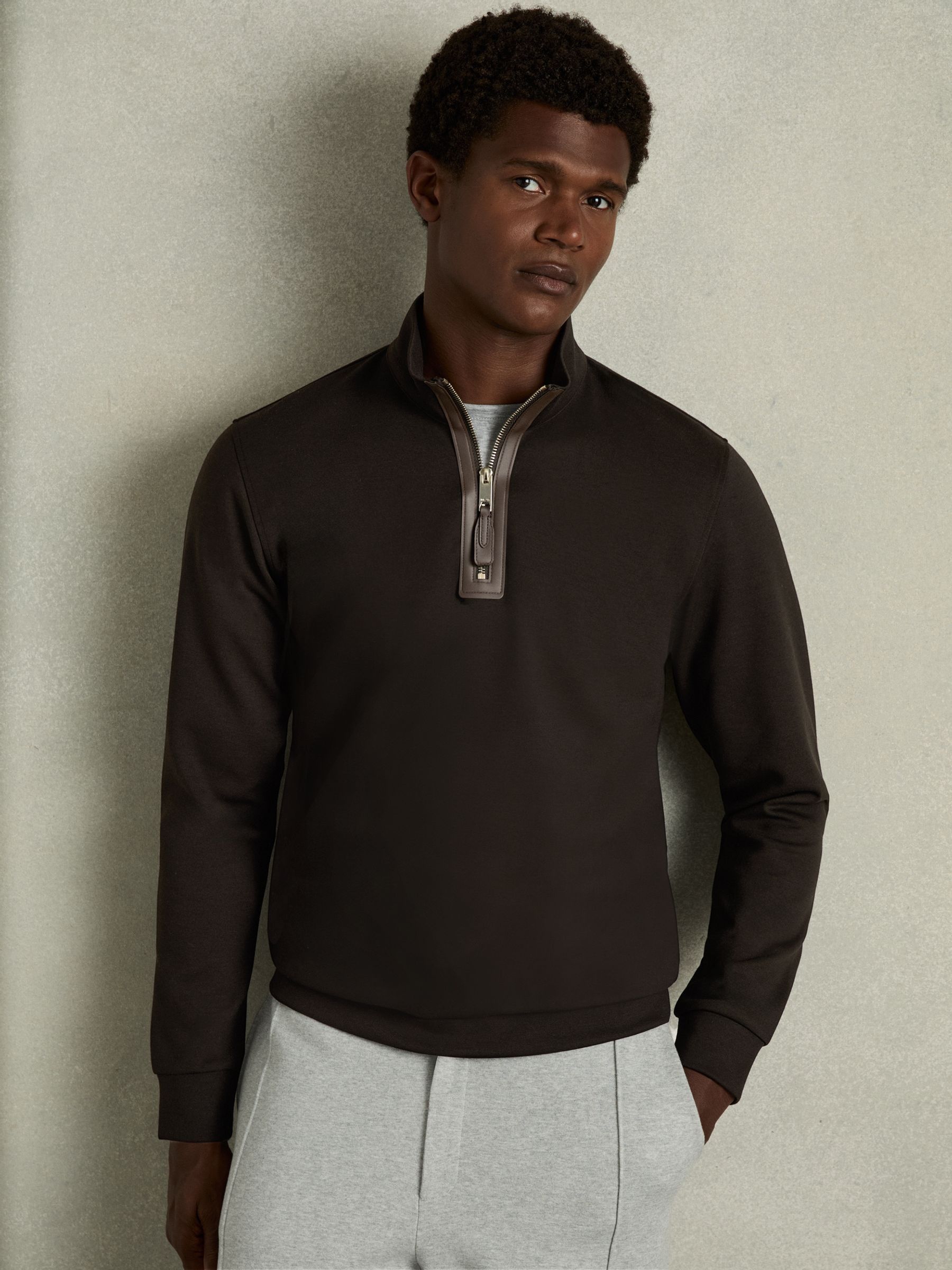 Leather-Placket Interlock-Jersey Sweatshirt in Chocolate Brown - Image 1 of 6