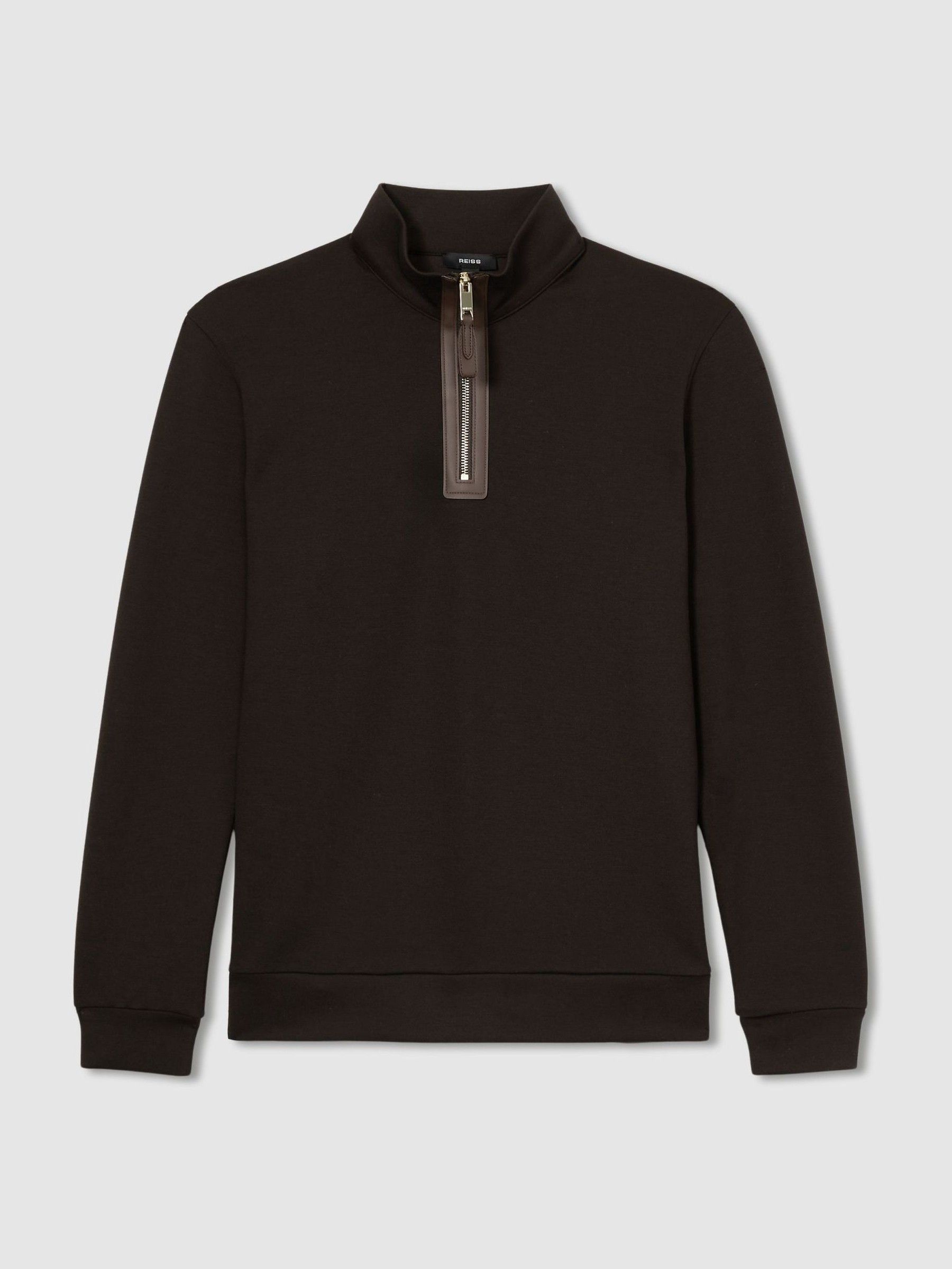Leather-Placket Interlock-Jersey Sweatshirt in Chocolate Brown - Image 2 of 6