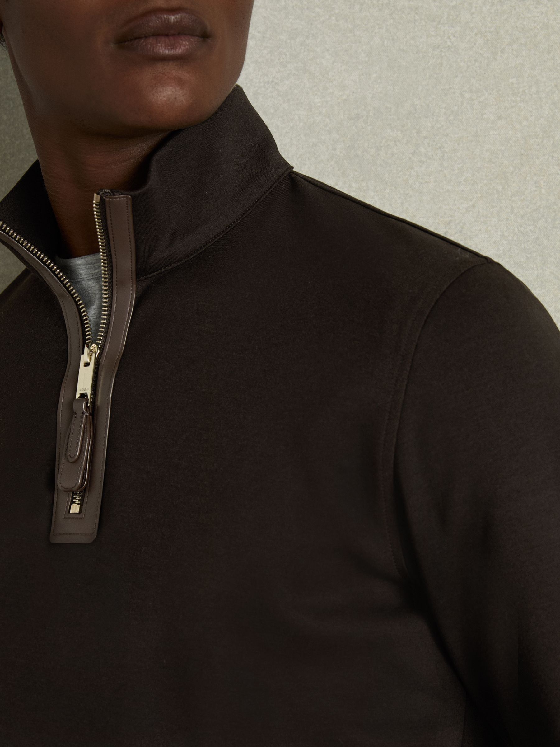 Leather-Placket Interlock-Jersey Sweatshirt in Chocolate Brown - Image 4 of 6