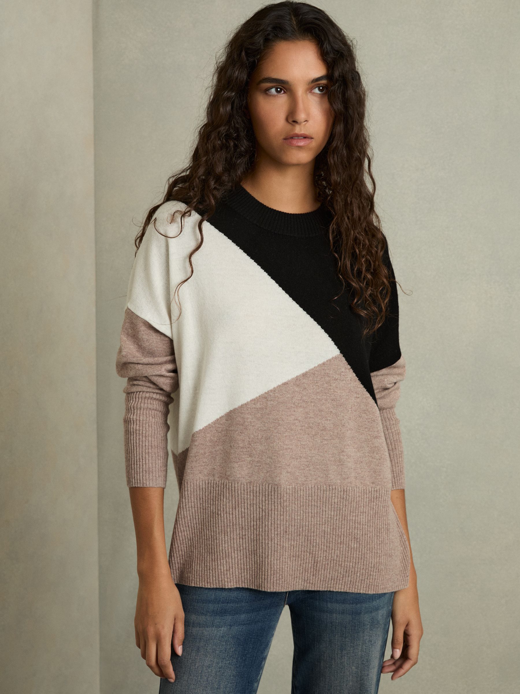 Geometric Colour-Block Jumper With Wool And Cashmere in Camel/Black - Image 1 of 6