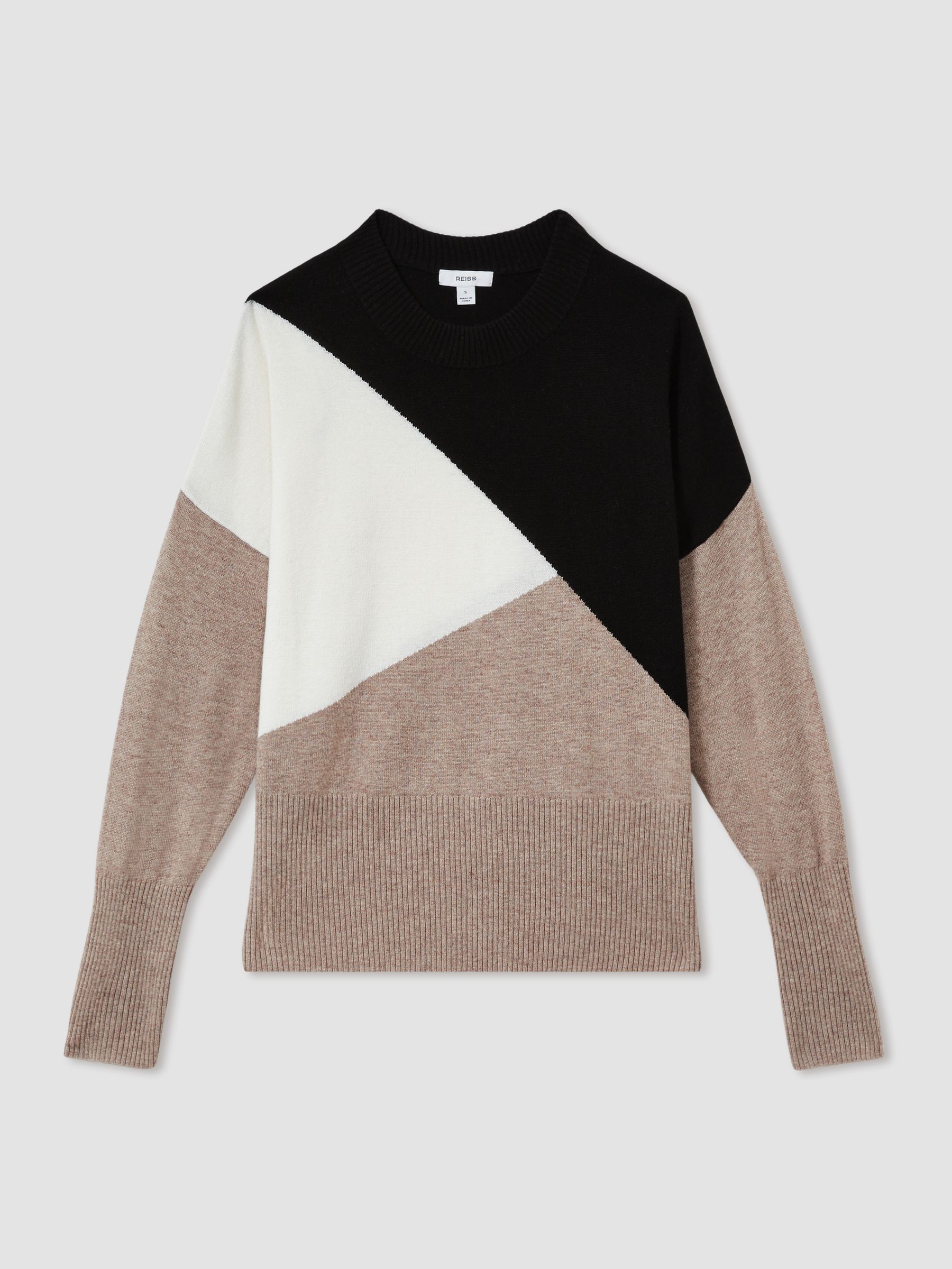 Geometric Colour-Block Jumper With Wool And Cashmere in Camel/Black - Image 2 of 6