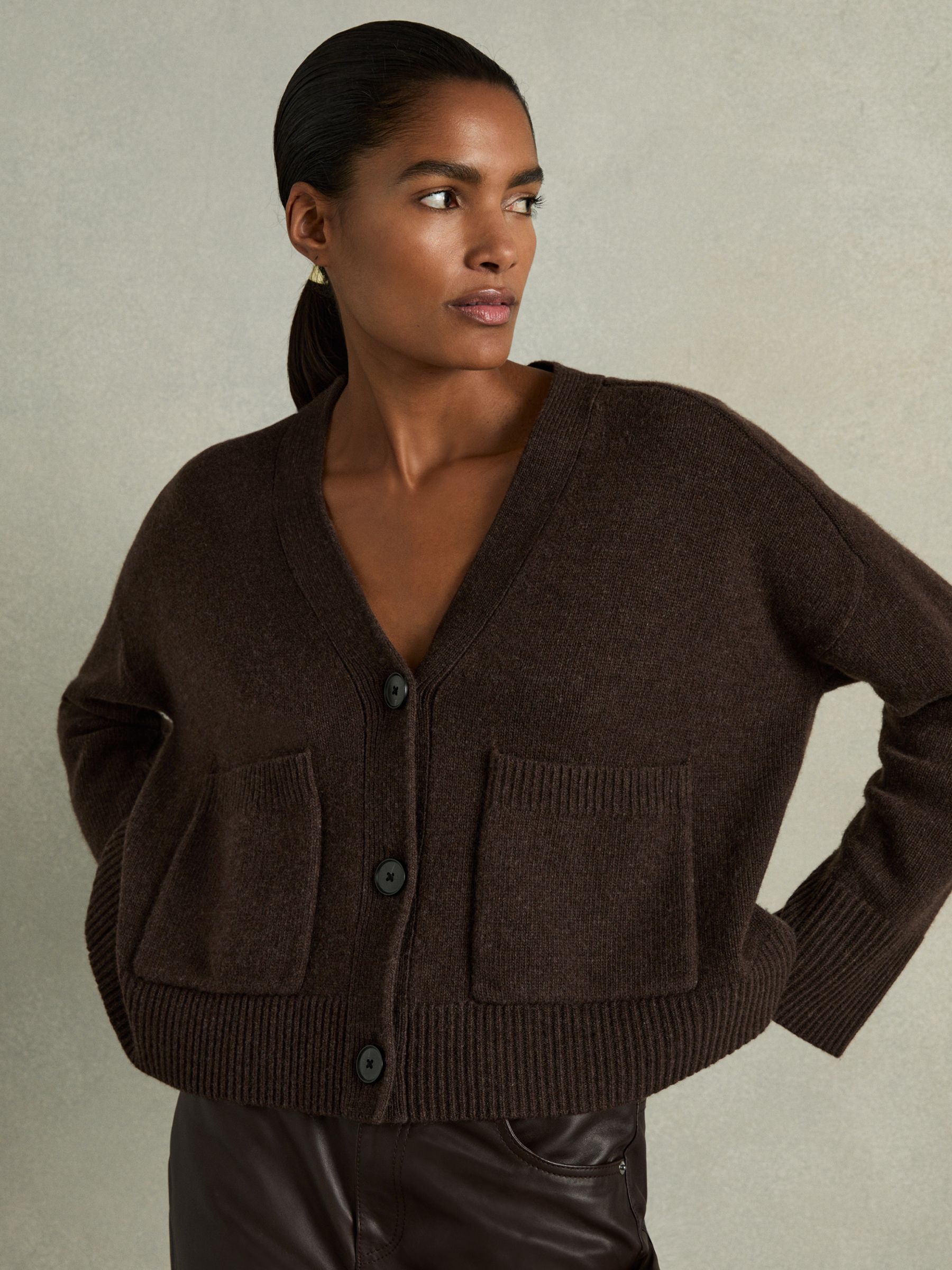 Wool-Cashmere Patch-Pocket Cardigan in Chocolate - Image 1 of 6
