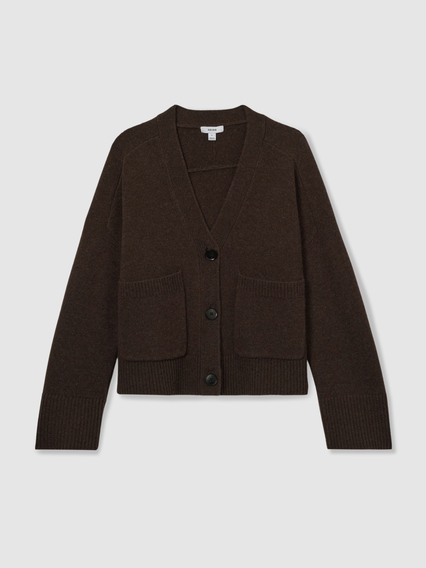 Wool-Cashmere Patch-Pocket Cardigan in Chocolate - Image 2 of 6