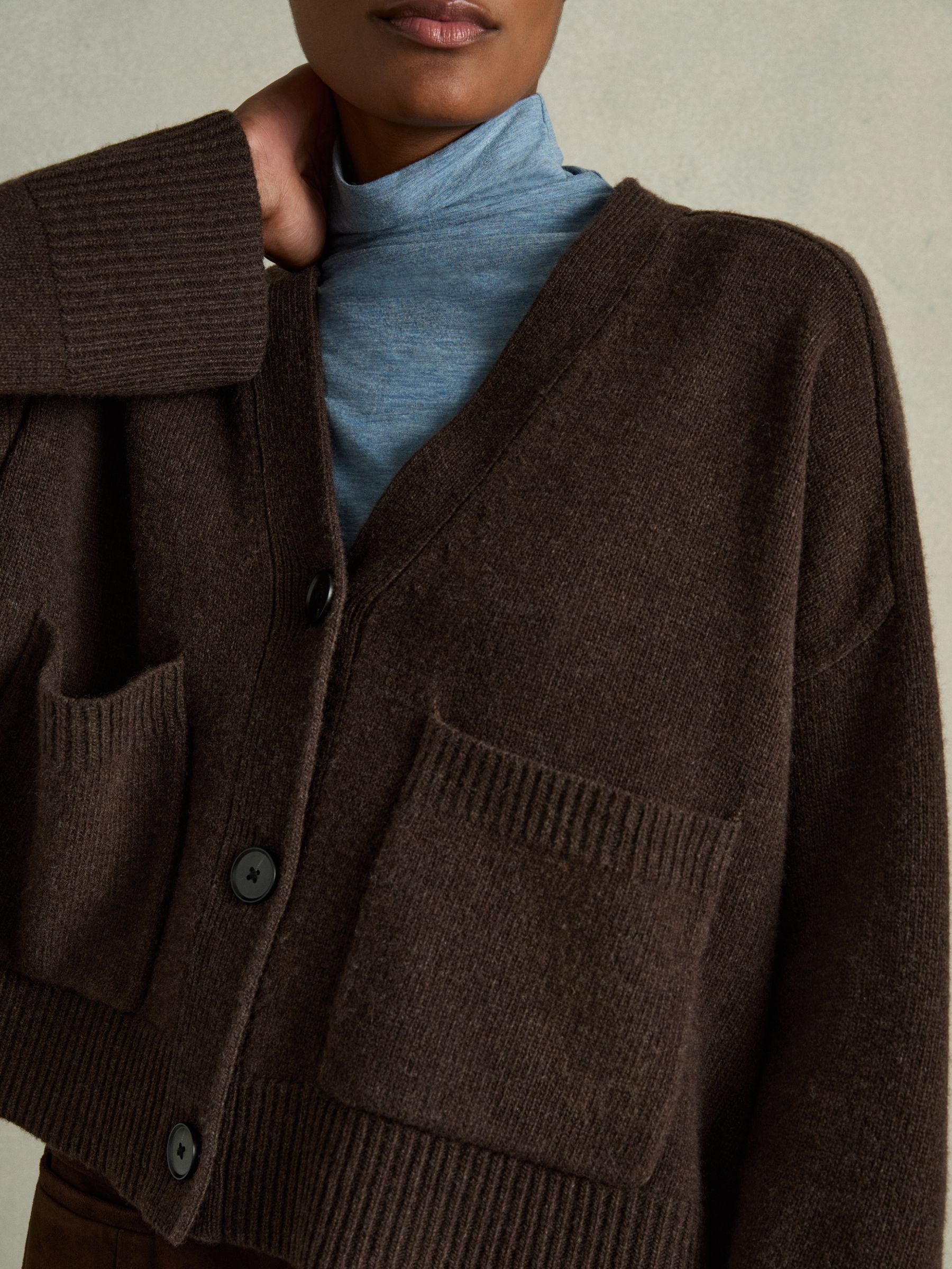 Reiss Wool-Cashmere Patch-Pocket Cardigan in Chocolate | REISS