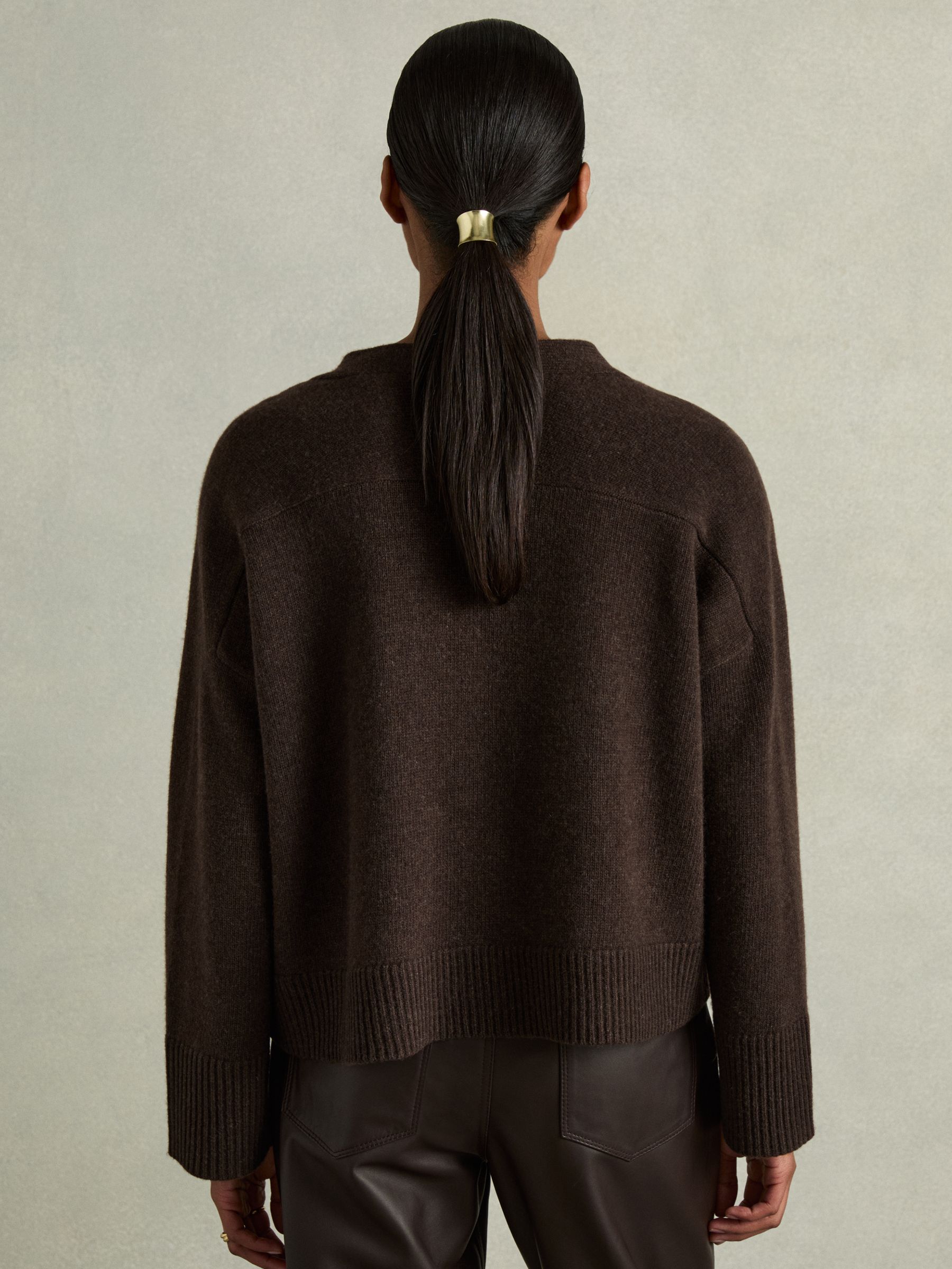 Wool-Cashmere Patch-Pocket Cardigan in Chocolate - Image 5 of 6