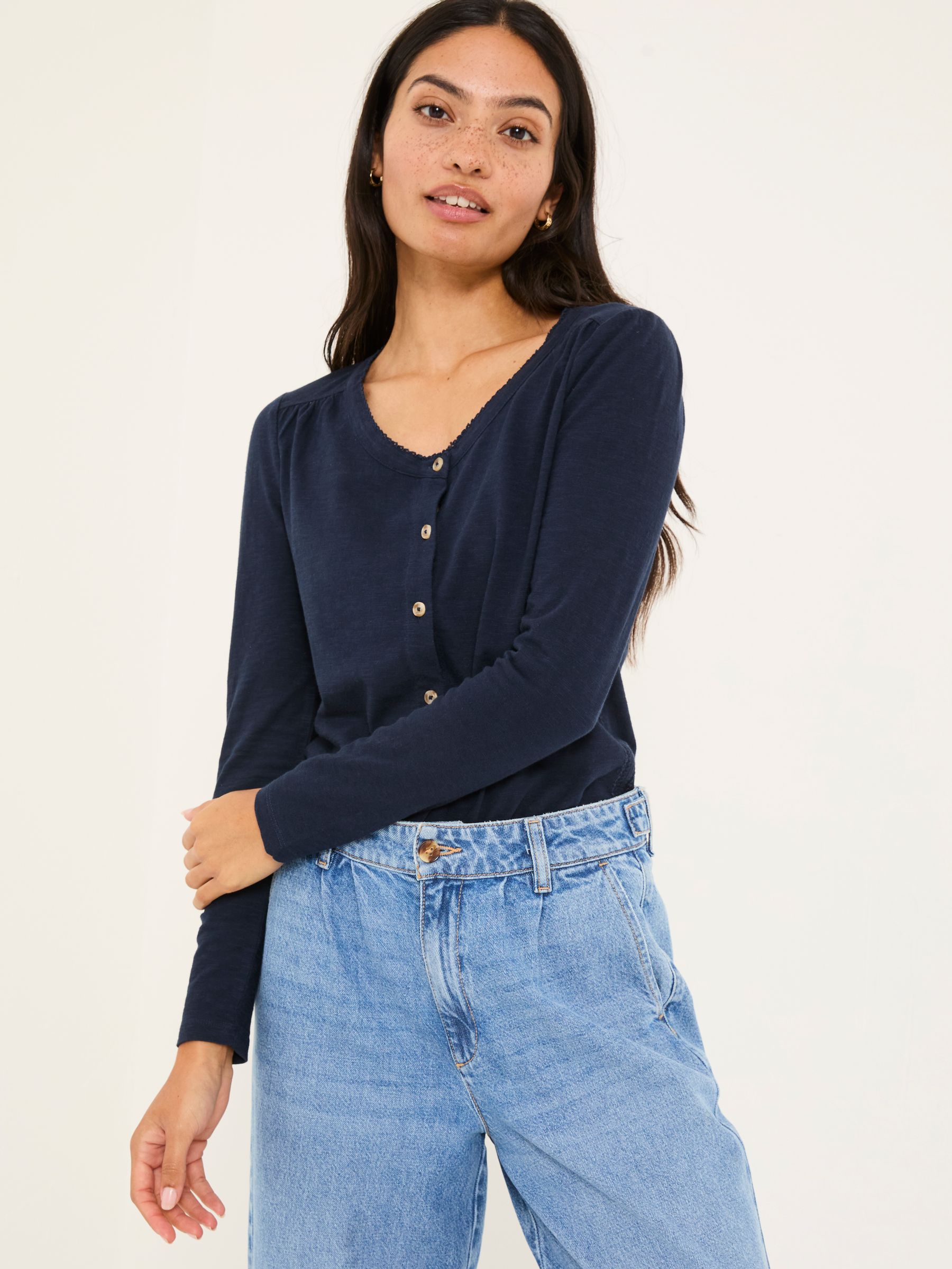 Leah Navy Button Through 100% Cotton Top - Image 1 of 5