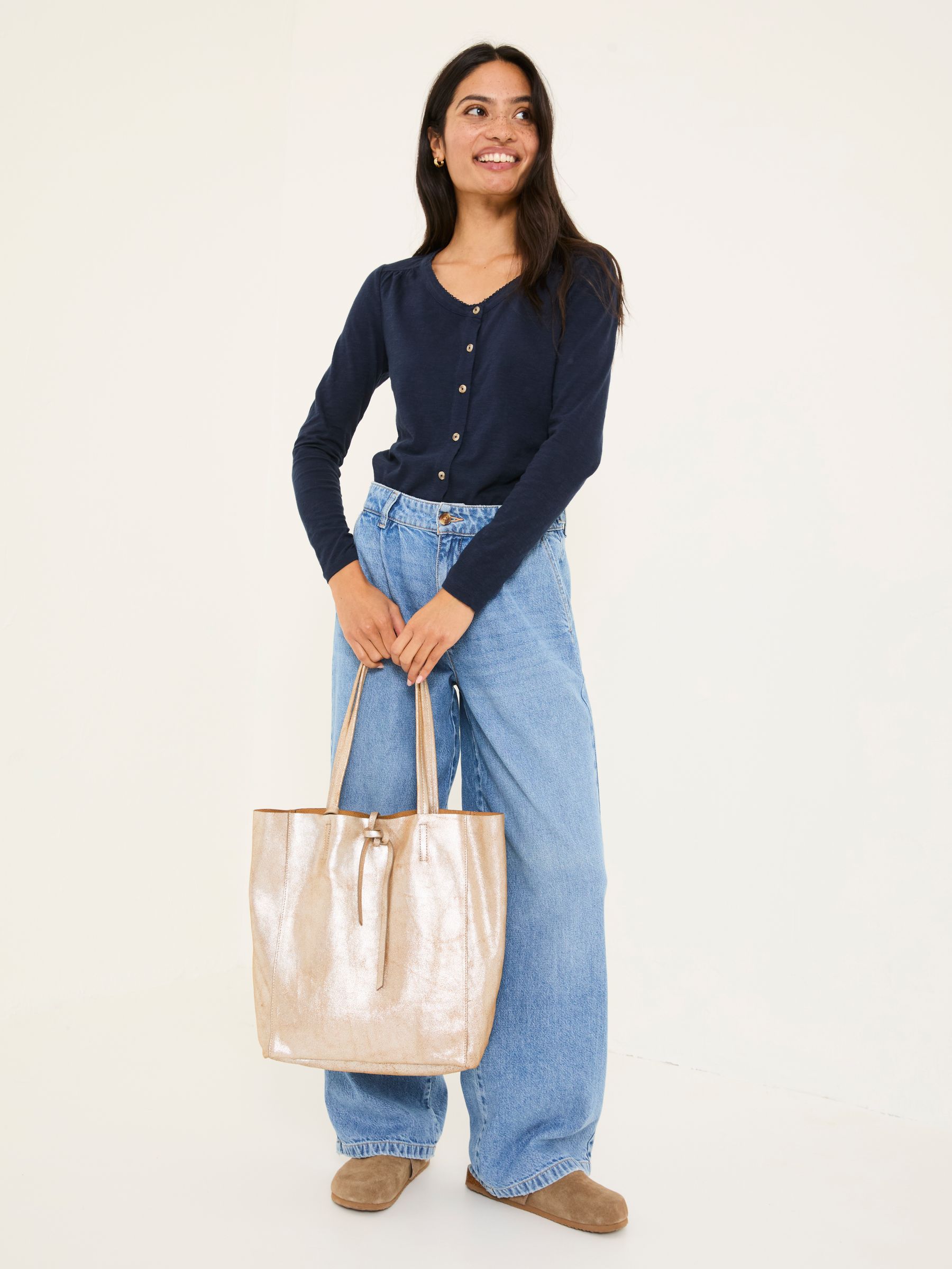 Leah Navy Button Through 100% Cotton Top - Image 3 of 5