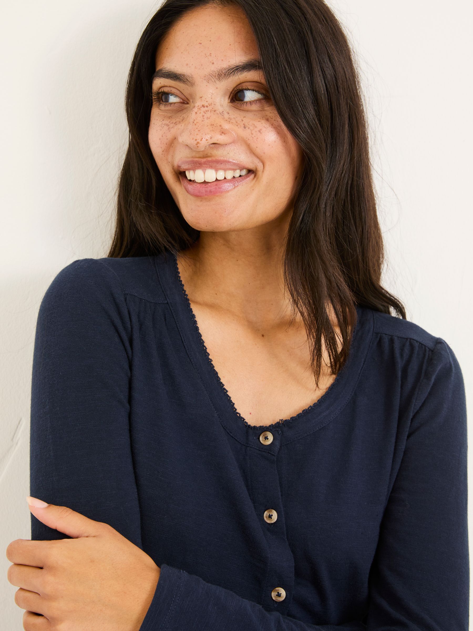 Leah Navy Button Through 100% Cotton Top - Image 4 of 5