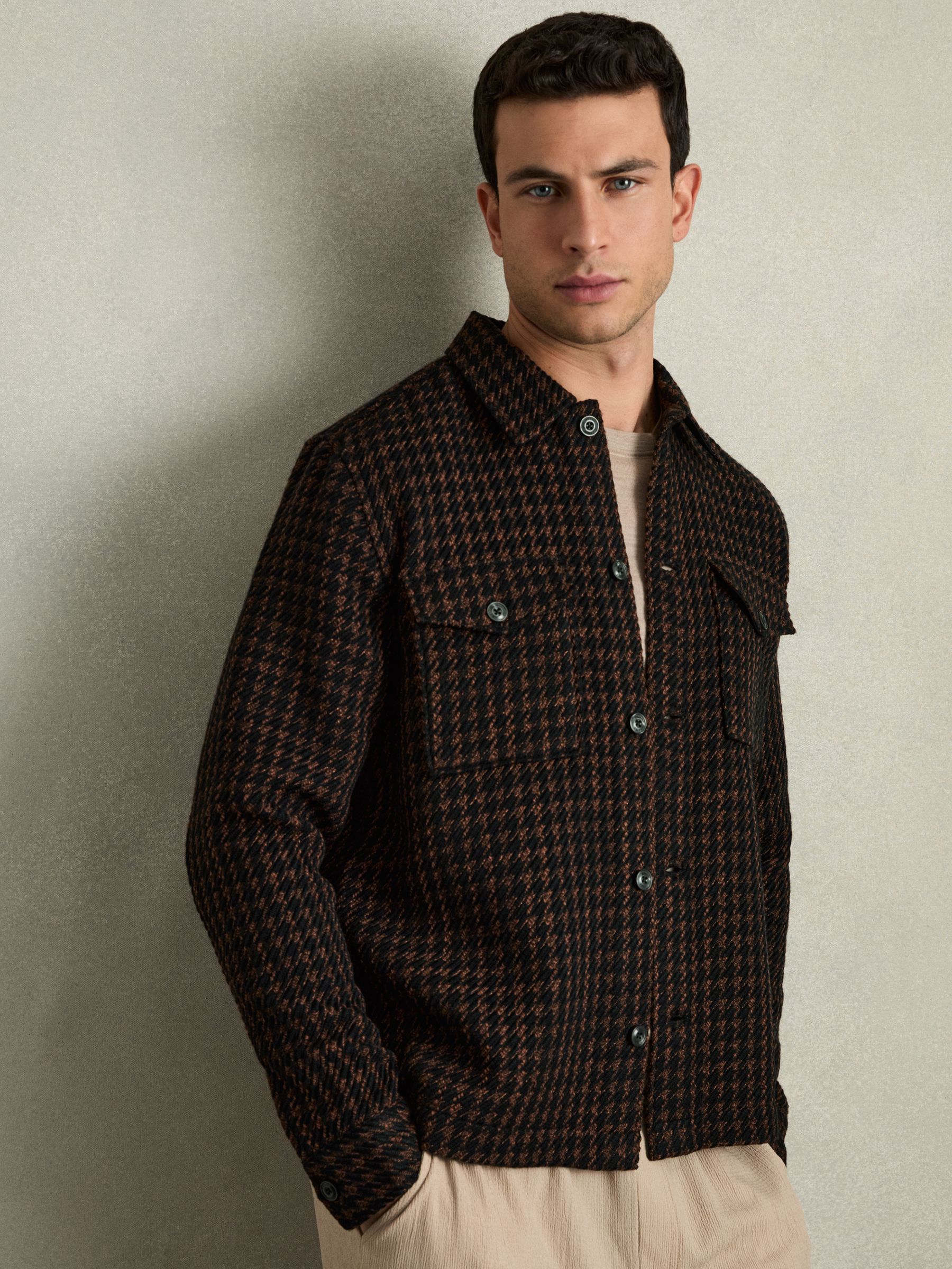 Brushed Houndstooth-Check Overshirt in Navy/Rust - Image 1 of 9