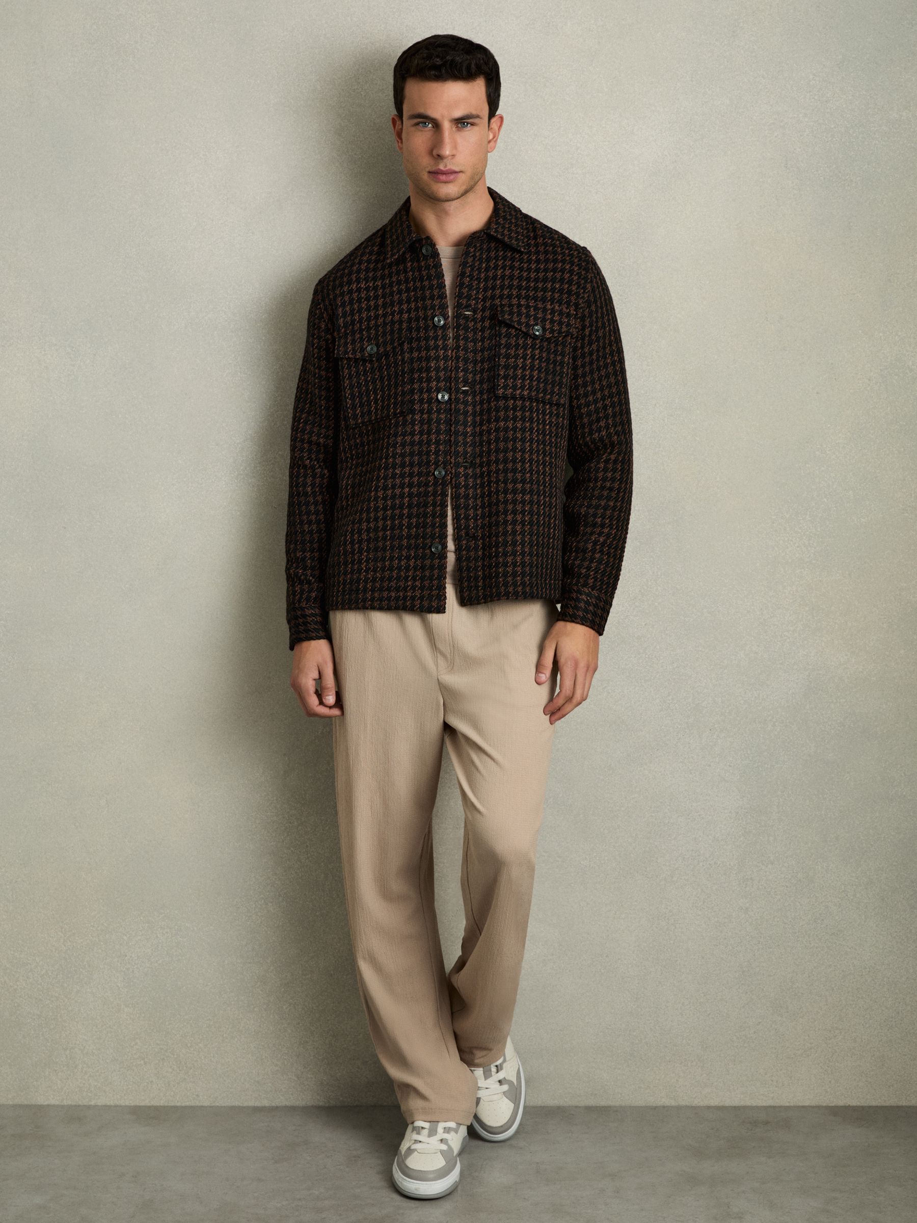 Brushed Houndstooth-Check Overshirt in Navy/Rust - Image 3 of 9