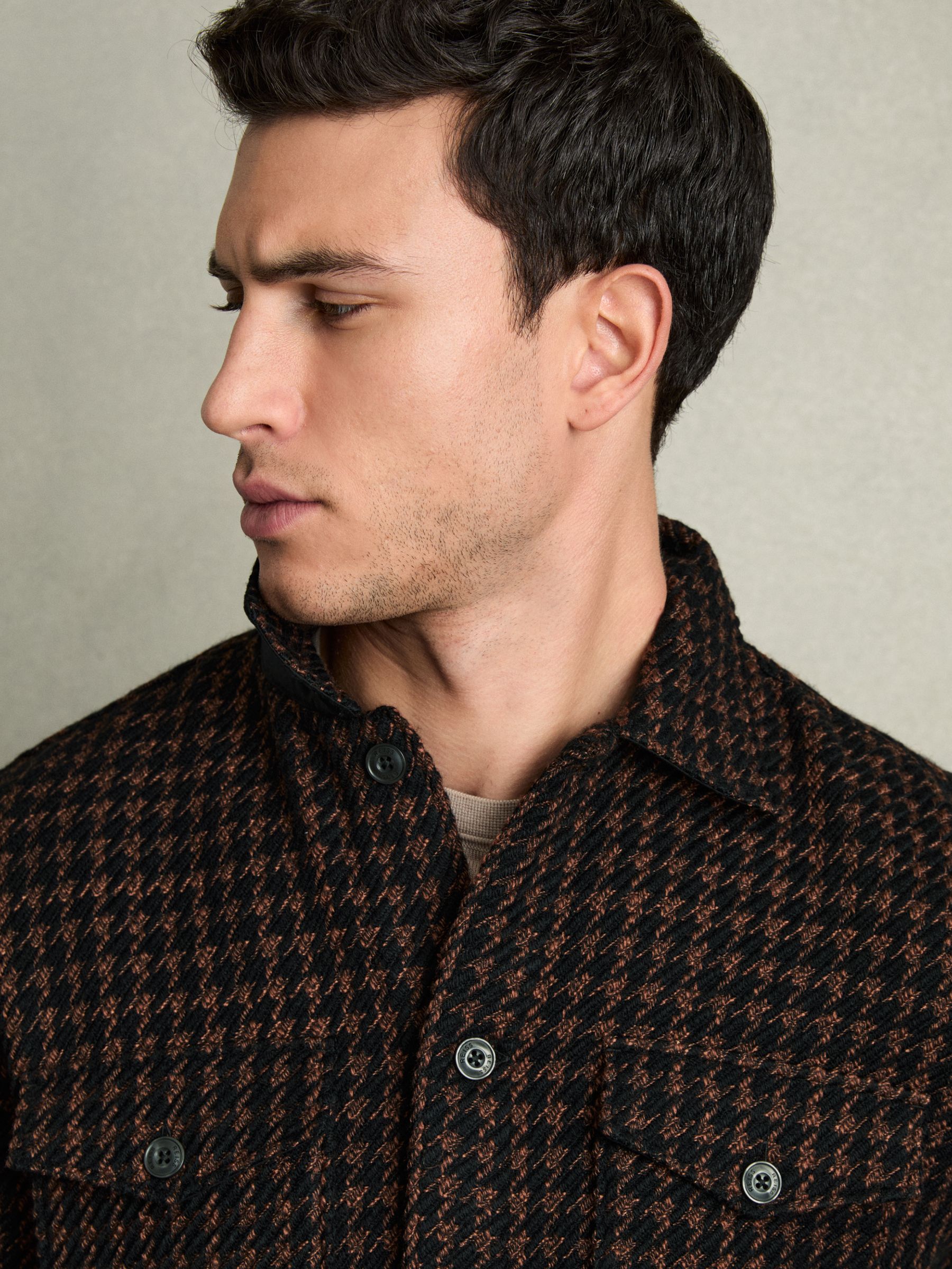 Reiss Brushed Houndstooth-Check Overshirt in Navy/Rust | REISS
