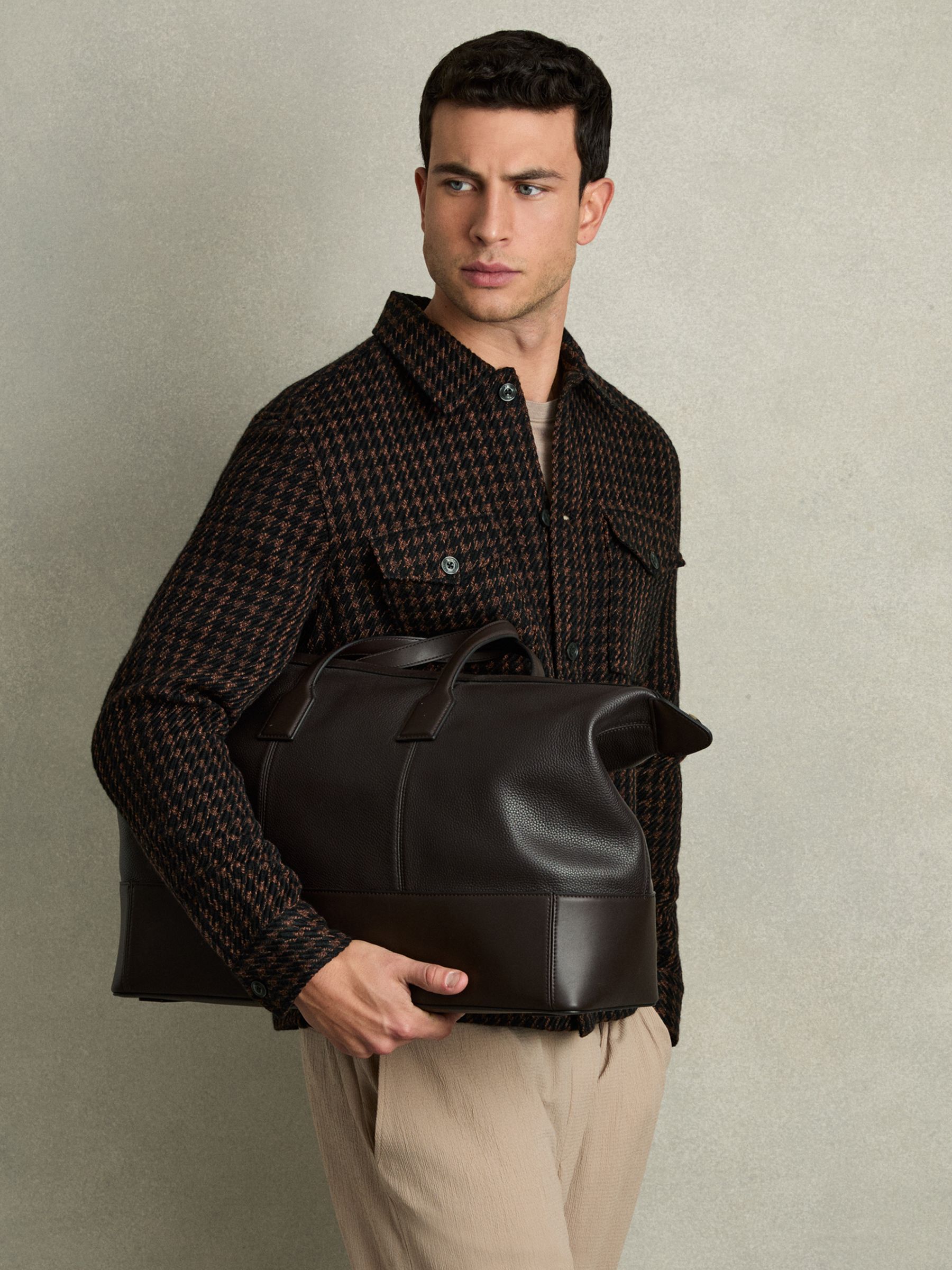 Brushed Houndstooth-Check Overshirt in Navy/Rust - Image 7 of 9