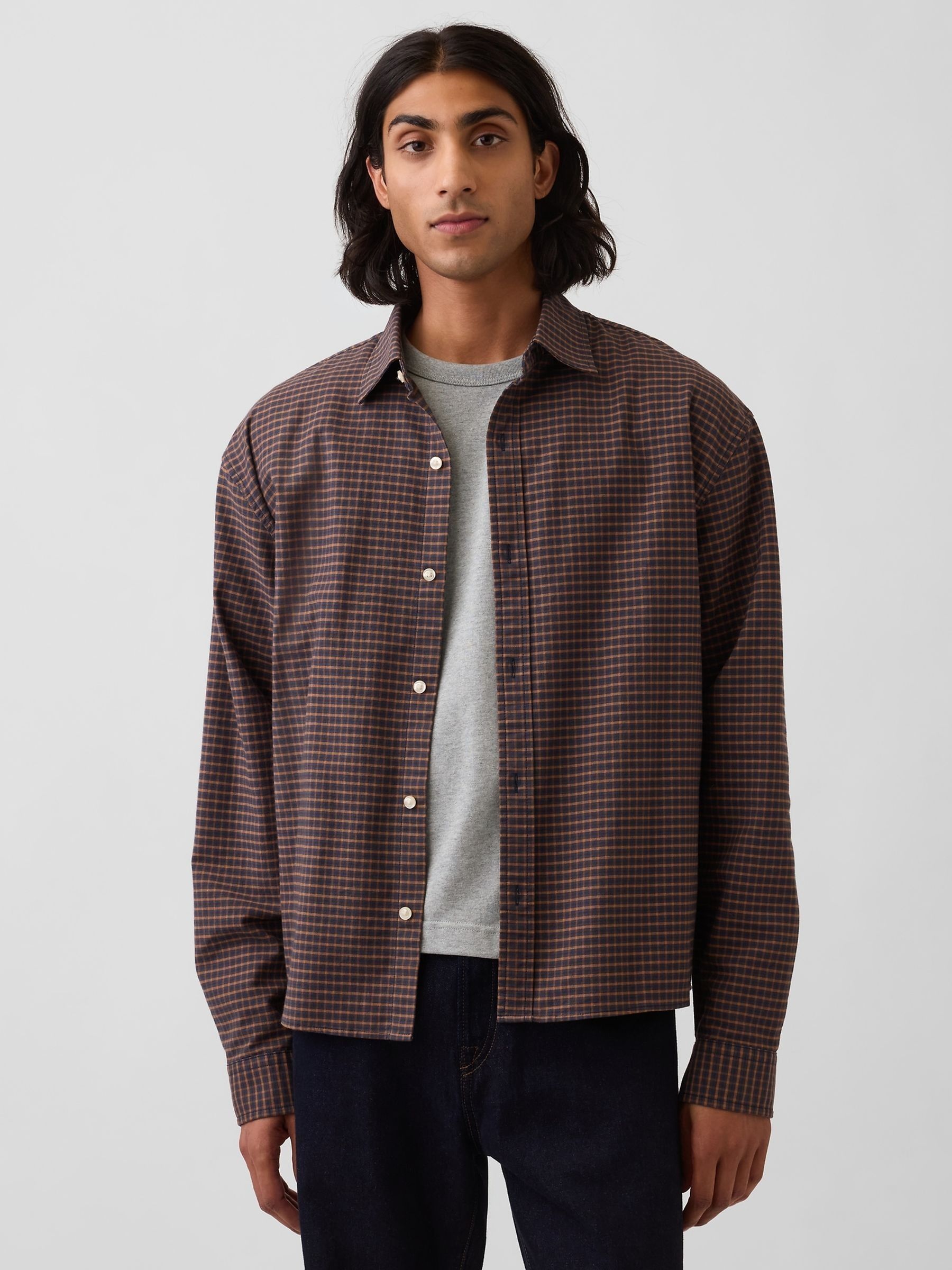 Brown Check Relaxed Boxy Straight-Hem Oxford Shirt - Image 1 of 4 Brown Check Relaxed Boxy Straight-Hem Oxford Shirt - Image 1 of 4