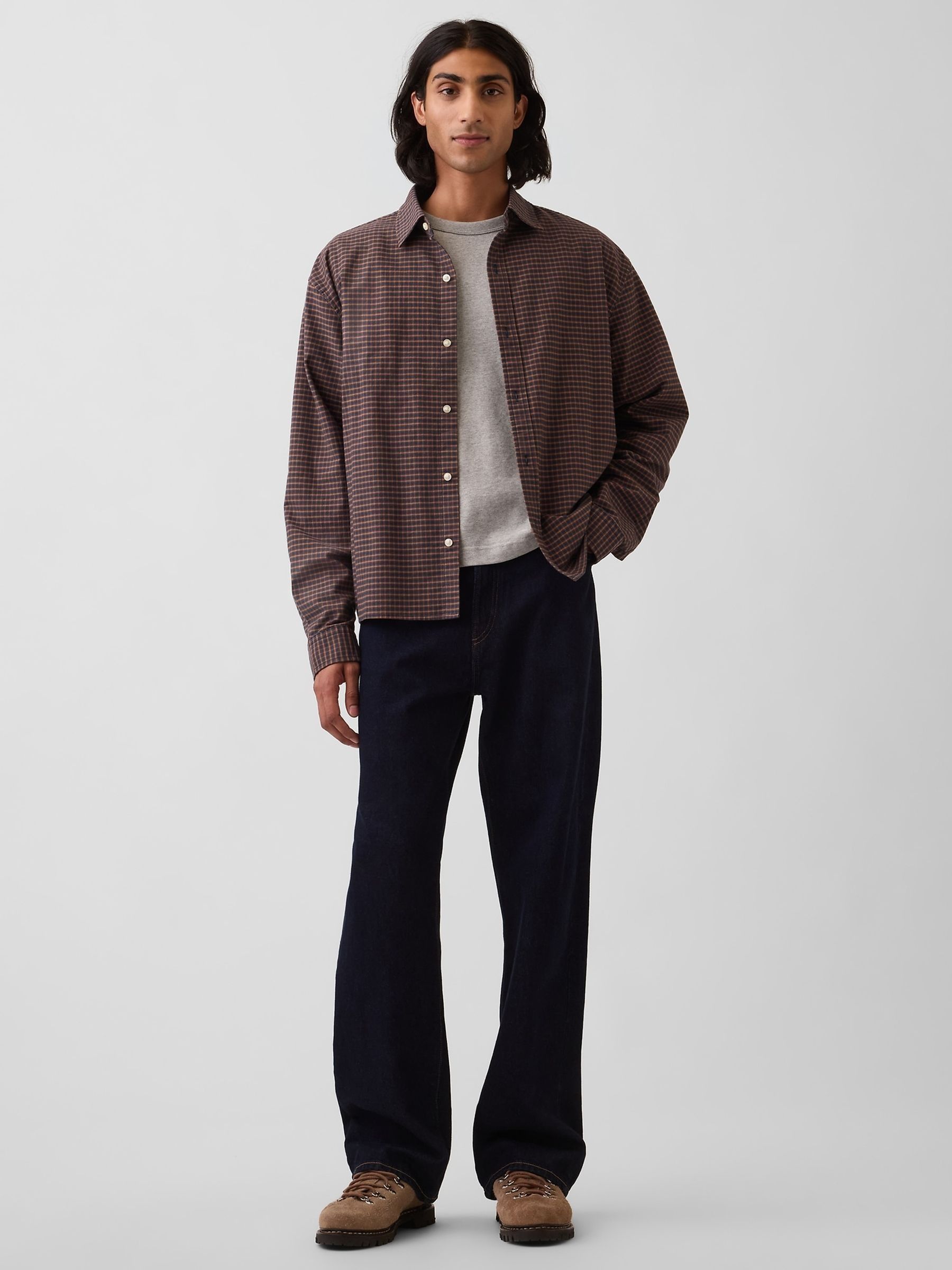 Brown Check Relaxed Boxy Straight-Hem Oxford Shirt - Image 3 of 4