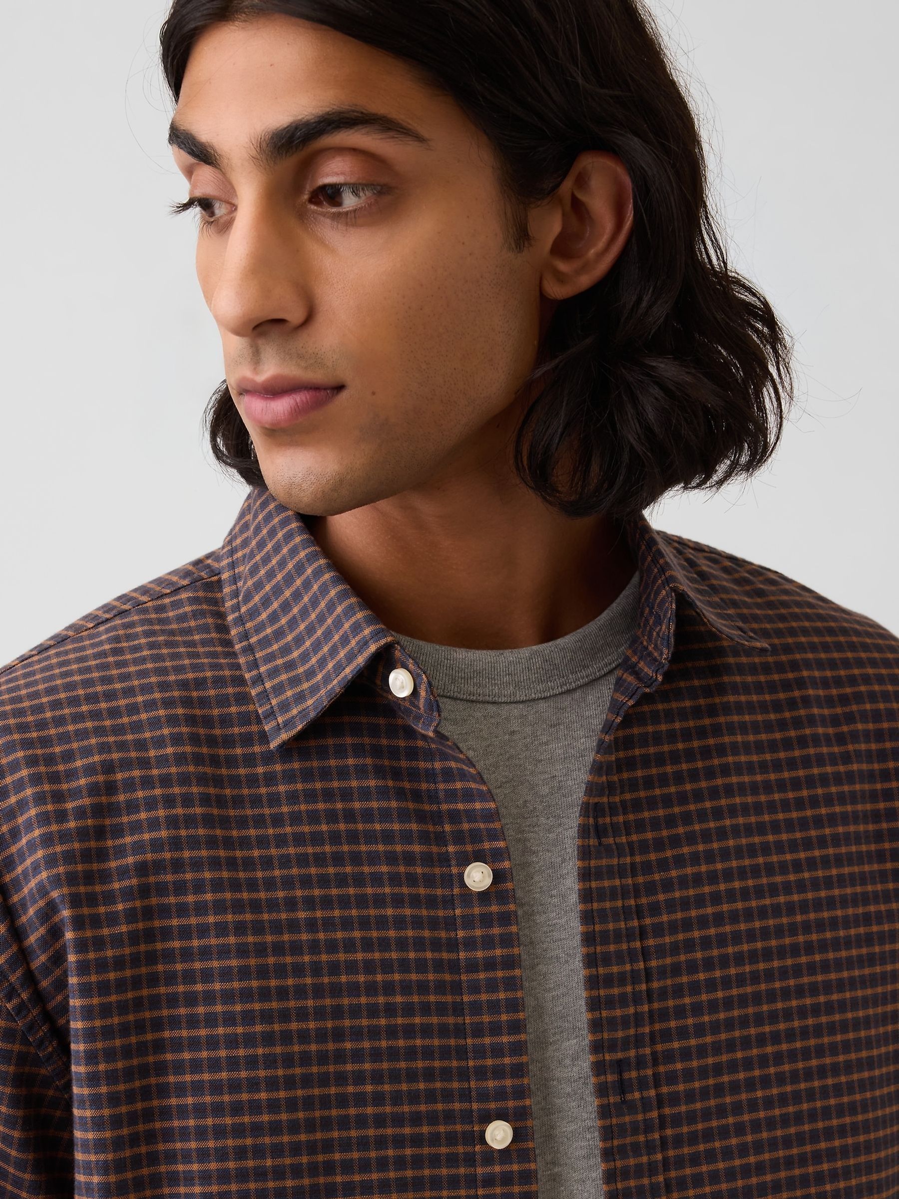 Brown Check Relaxed Boxy Straight-Hem Oxford Shirt - Image 4 of 4