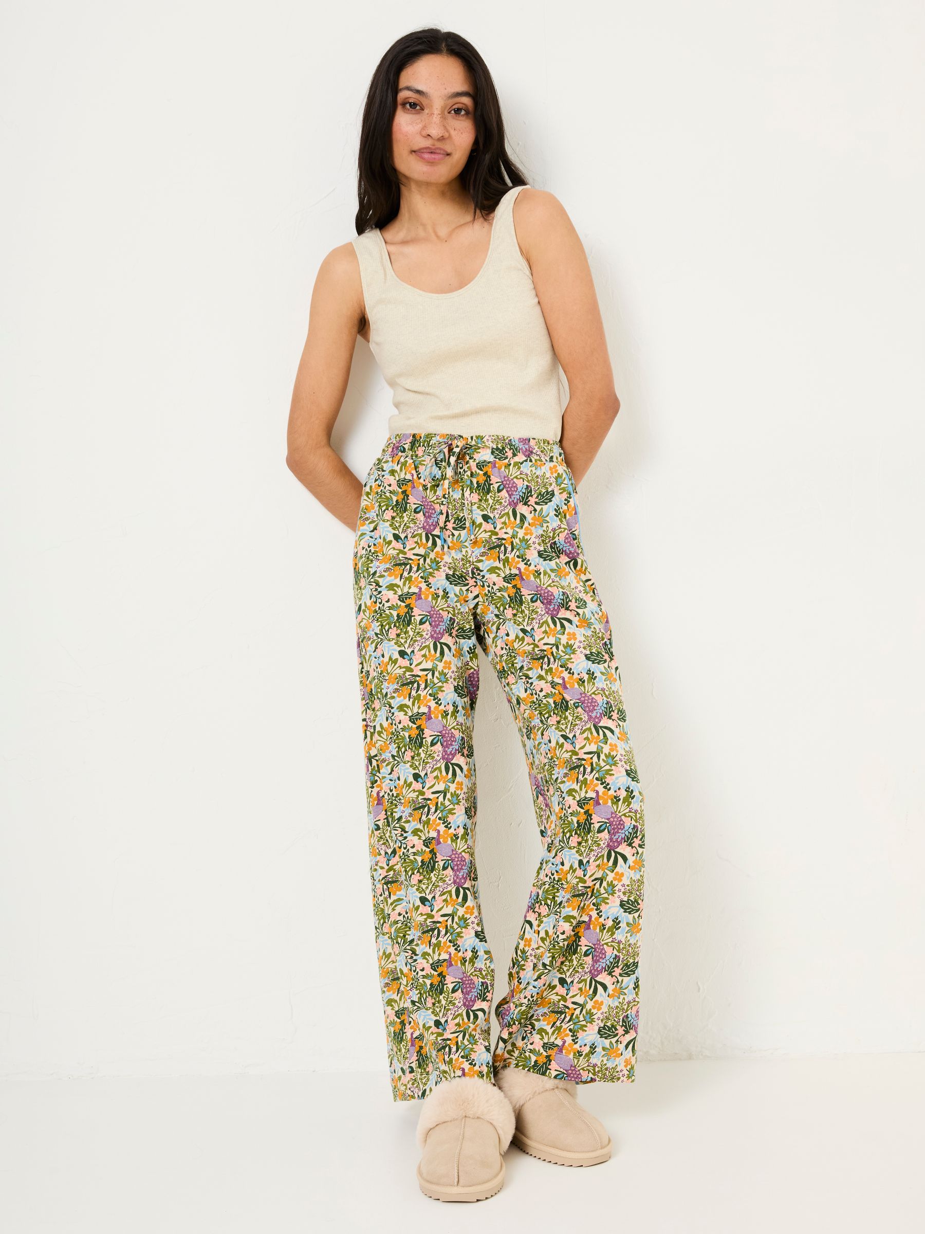 Lola Multi Peacock Linen Blend Pyjama Bottoms - Image 1 of 6