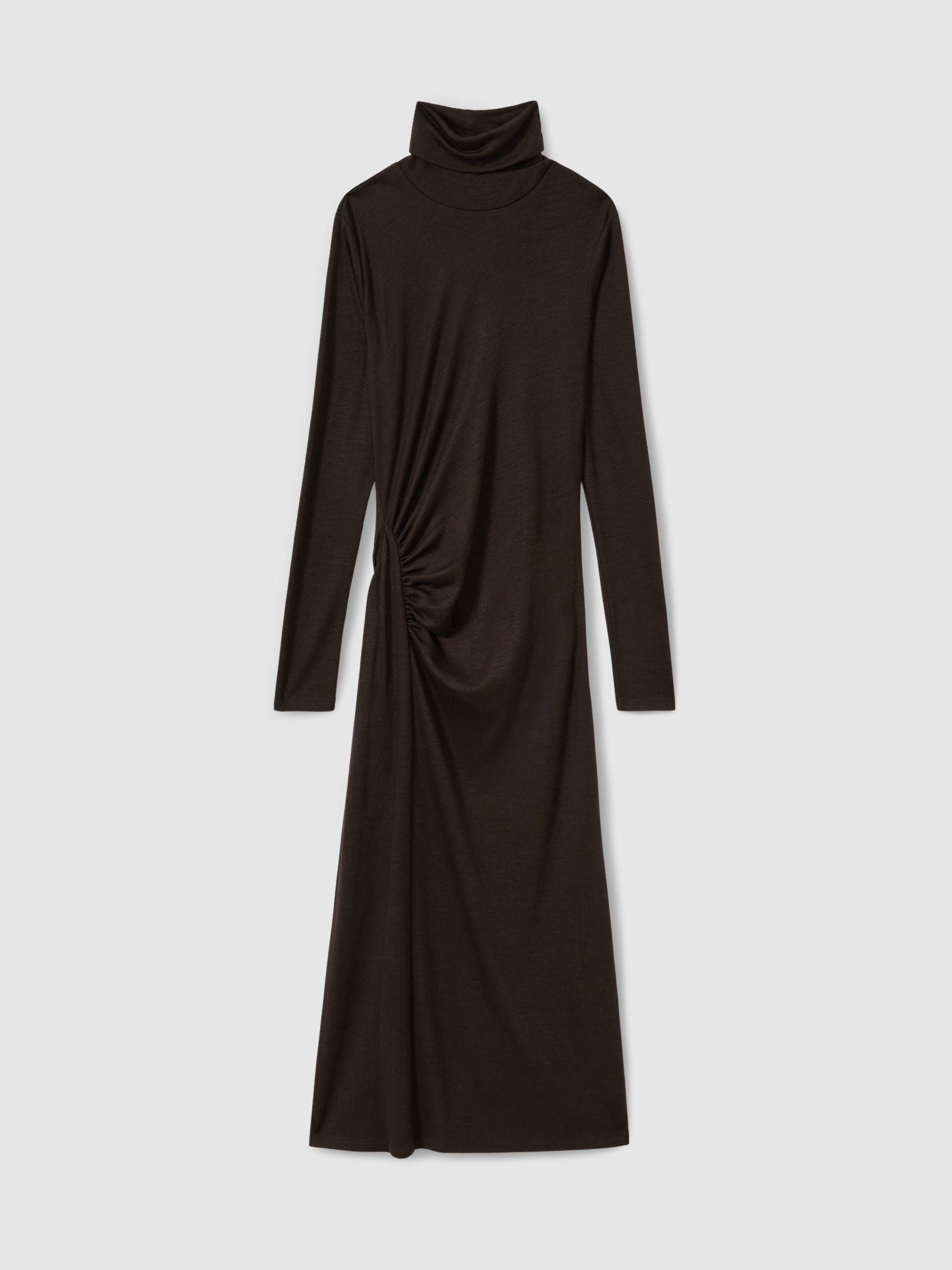 Wool Jersey Ruched Midi Dress in Brown - Image 3 of 8