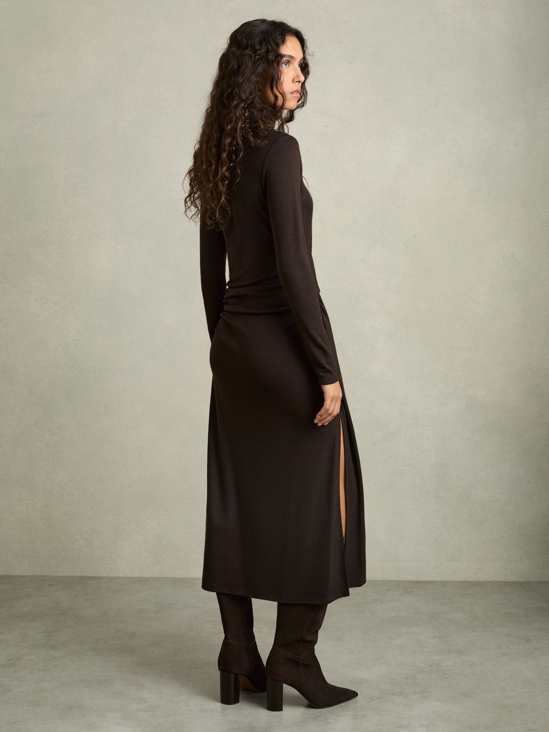 Wool Jersey Ruched Midi Dress in Brown - Image 7 of 8