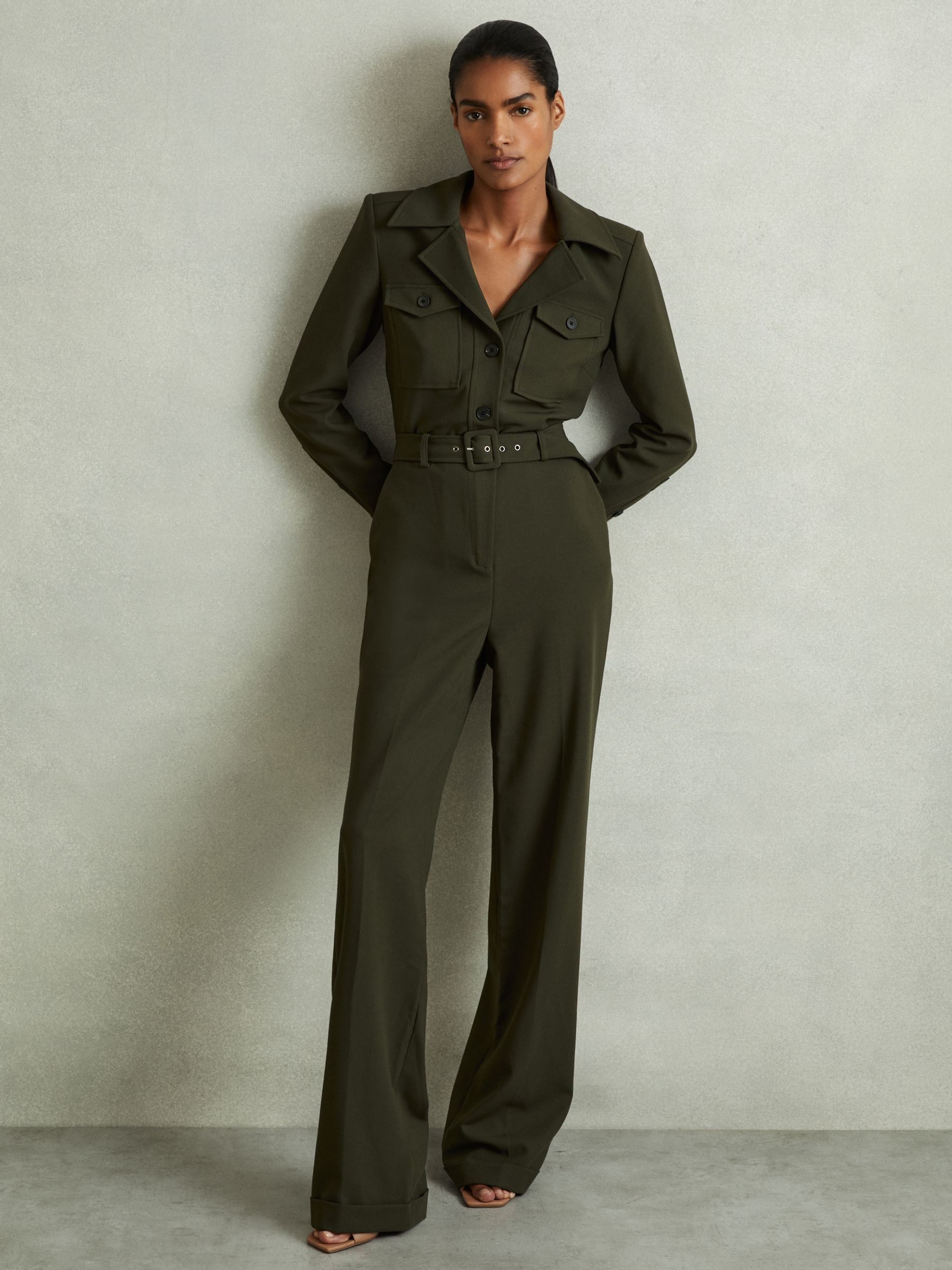 Reiss Petite Belted Utility Jumpsuit in Dark Green | REISS