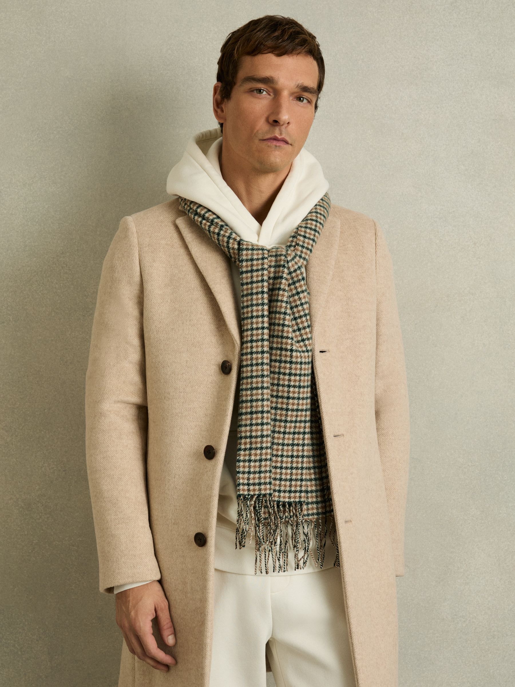 Wool-Cashmere Houndstooth-Check Scarf in Camel/Green Multi - Image 2 of 5