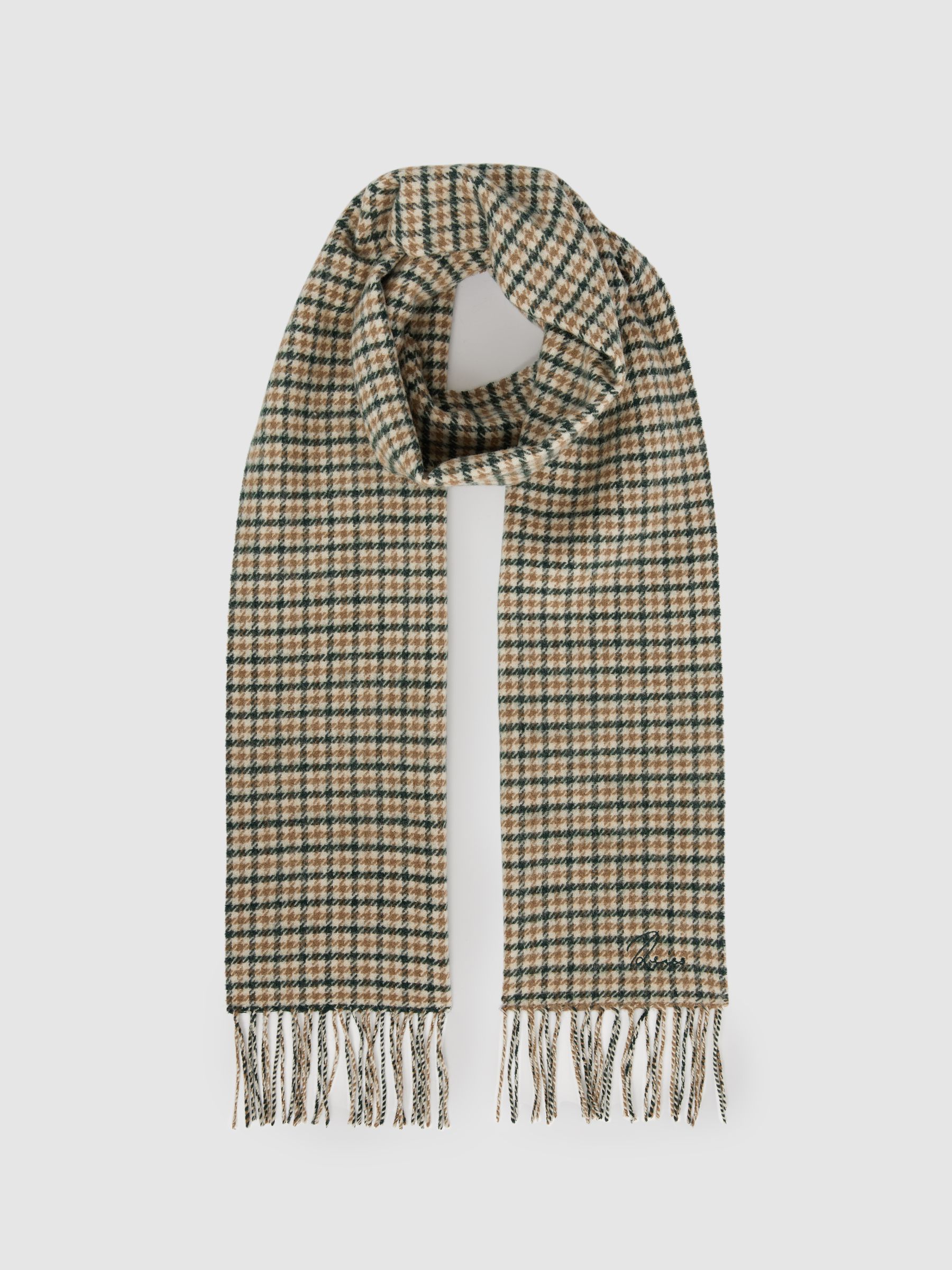 Wool-Cashmere Houndstooth-Check Scarf in Camel/Green Multi - Image 3 of 5