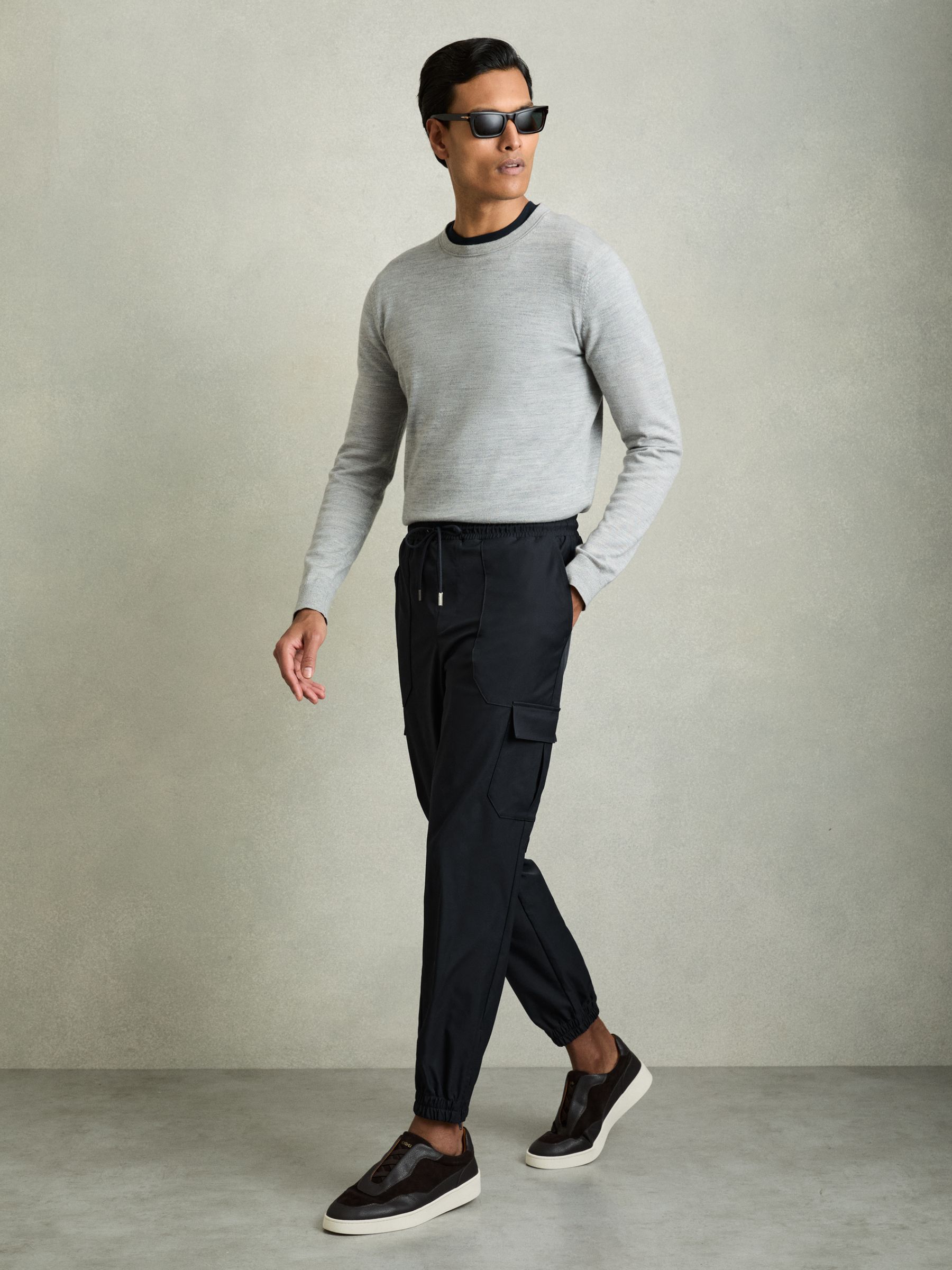 Technical Cargo Drawstring Trousers in Navy - Image 1 of 6