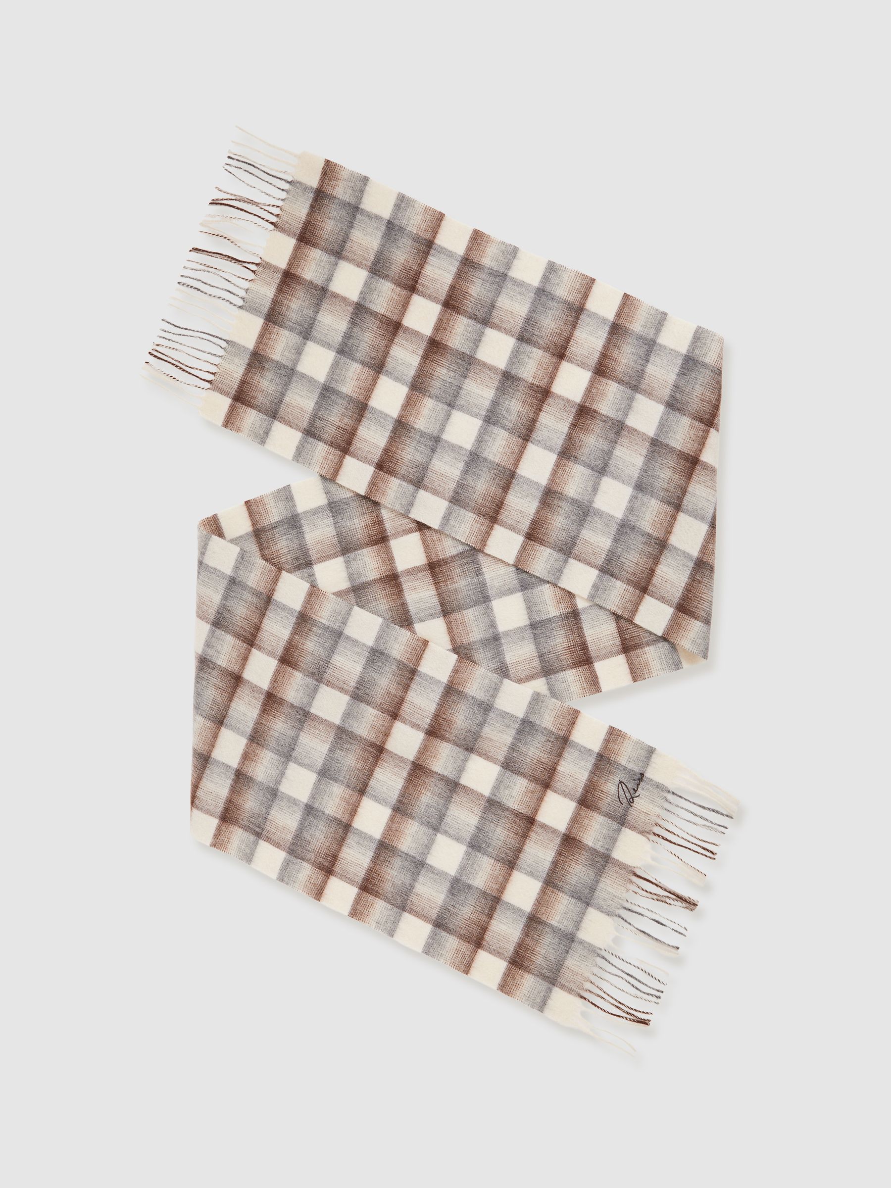 Wool and Cashmere Check Scarf in Brown/Oatmeal/Grey - Image 1 of 5
